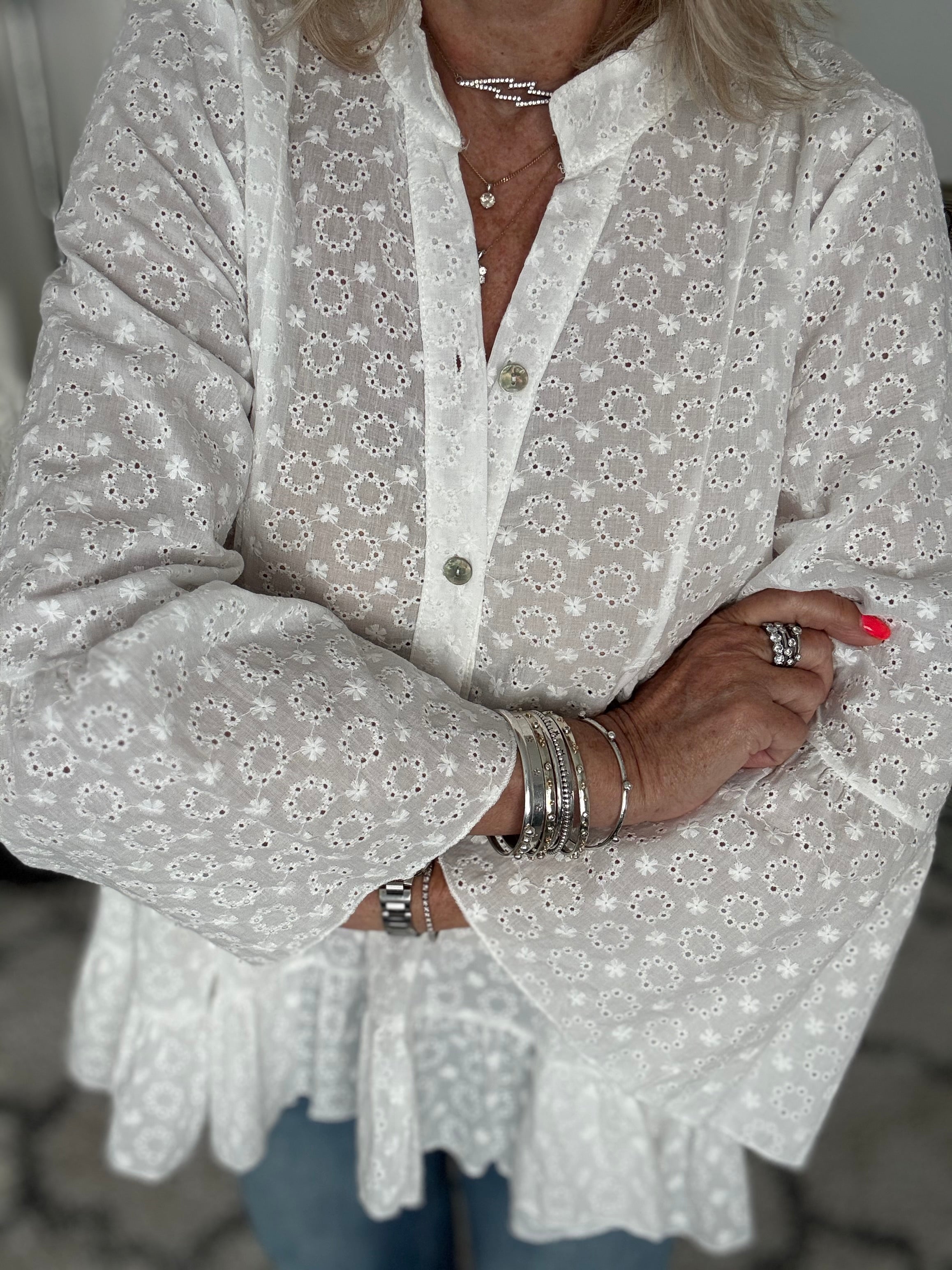 Tiered Broderie Anglaise Blouse in White