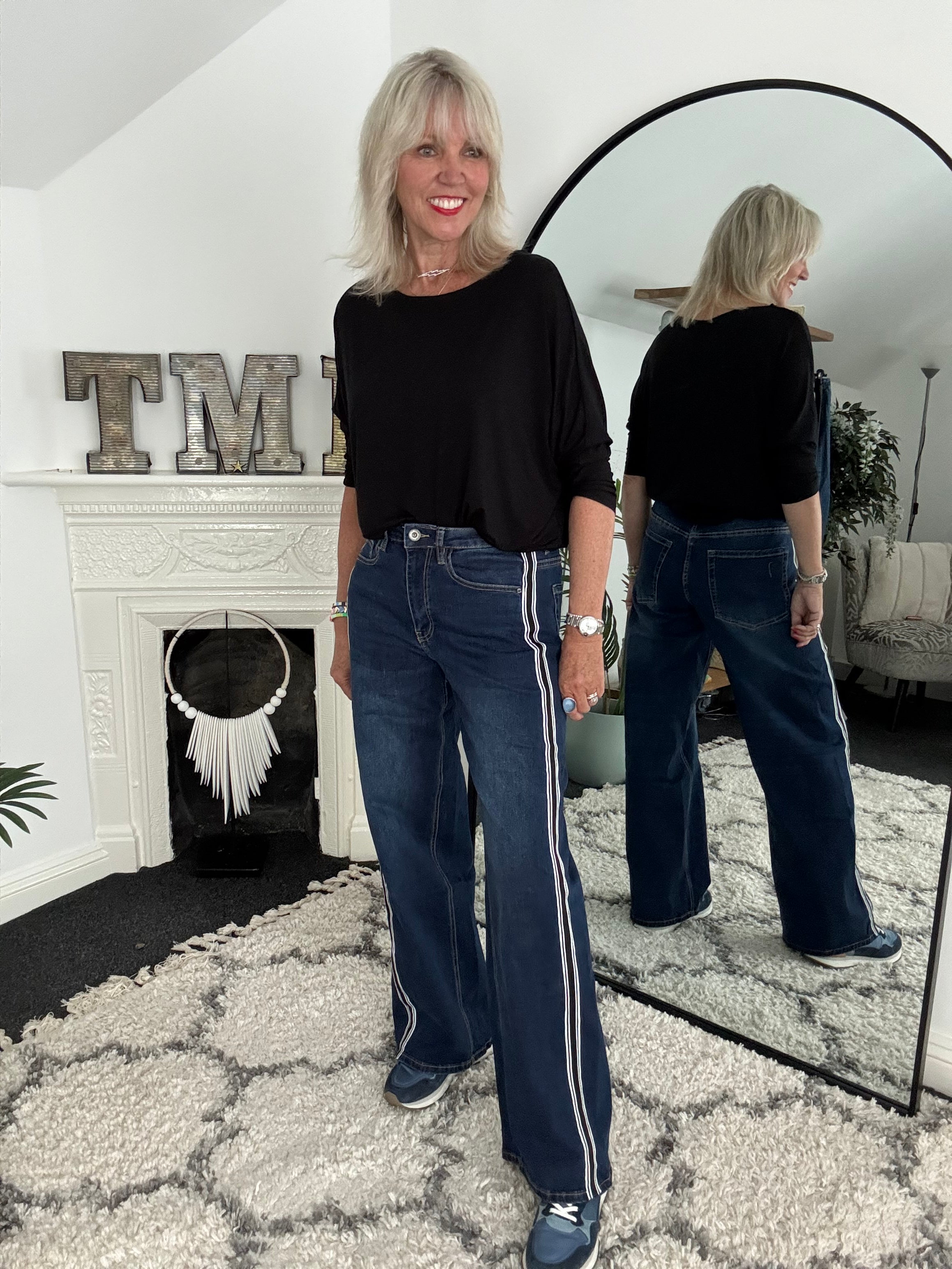 Stretch Flared Jeans with Side Stripes in Dark Denim