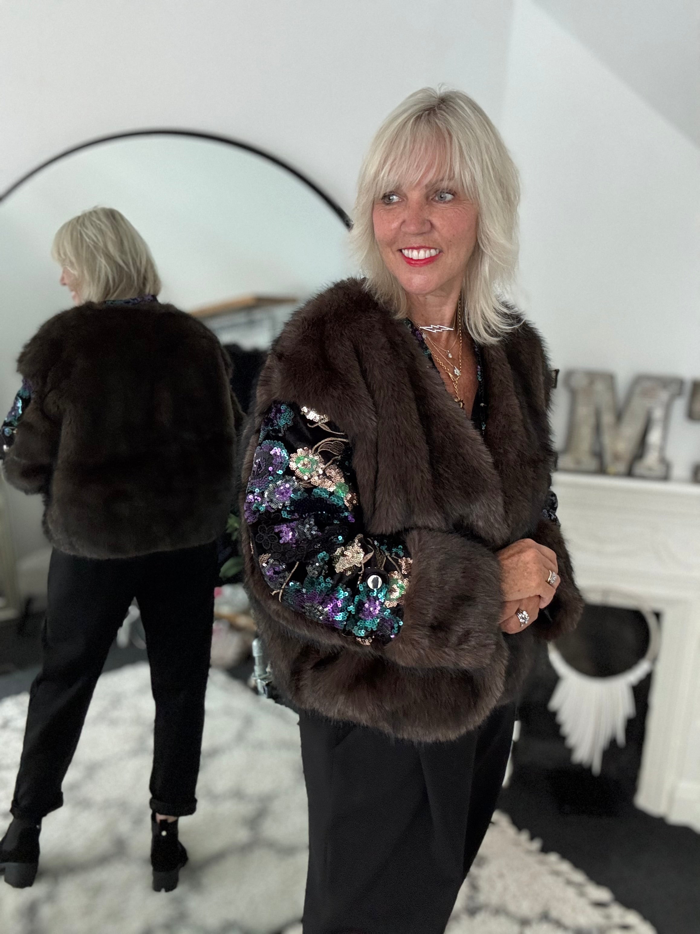 Faux Fur Jacket with Sequin Sleeves