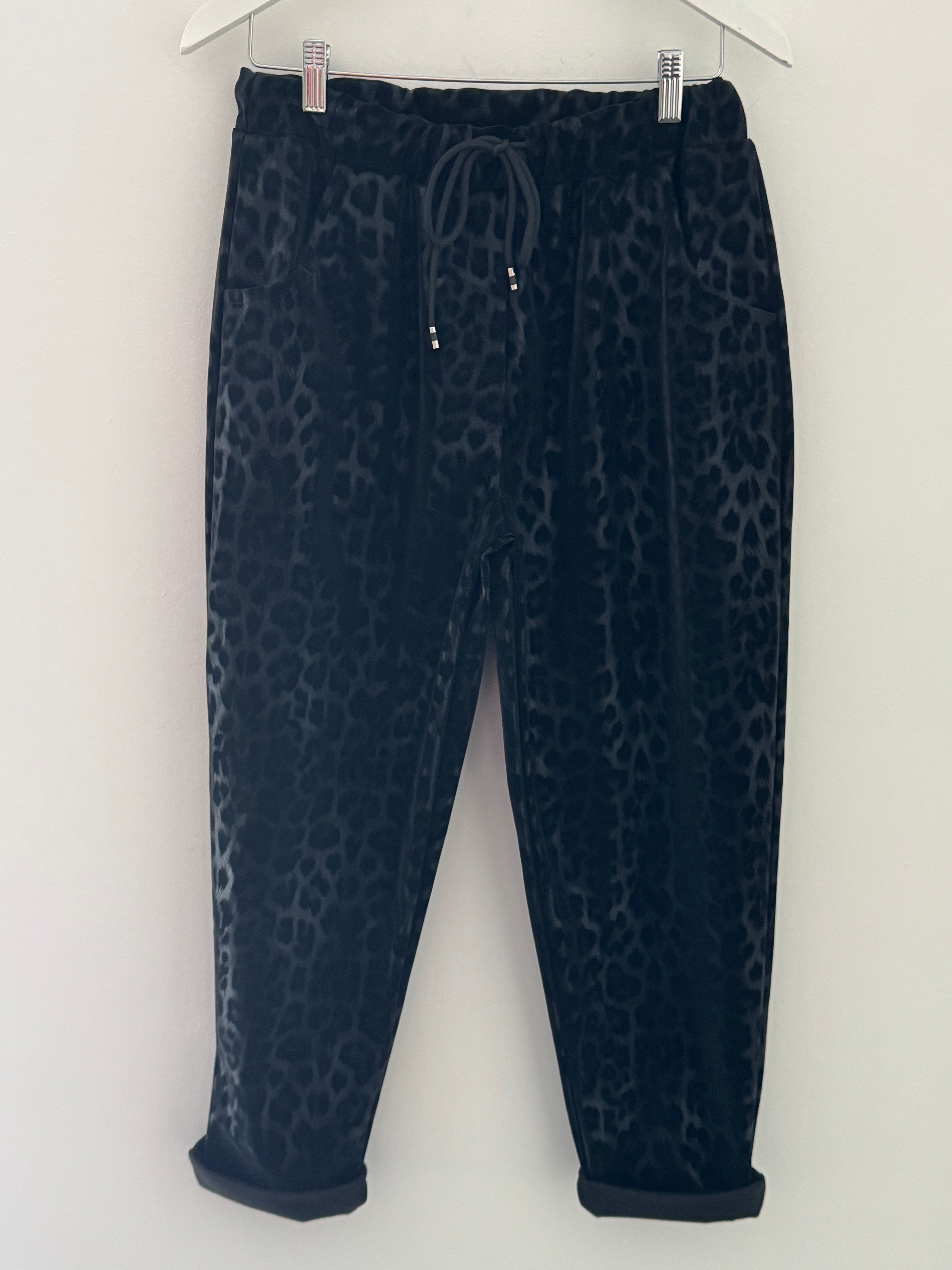 Faux Leather Leopard Print Joggers in Black