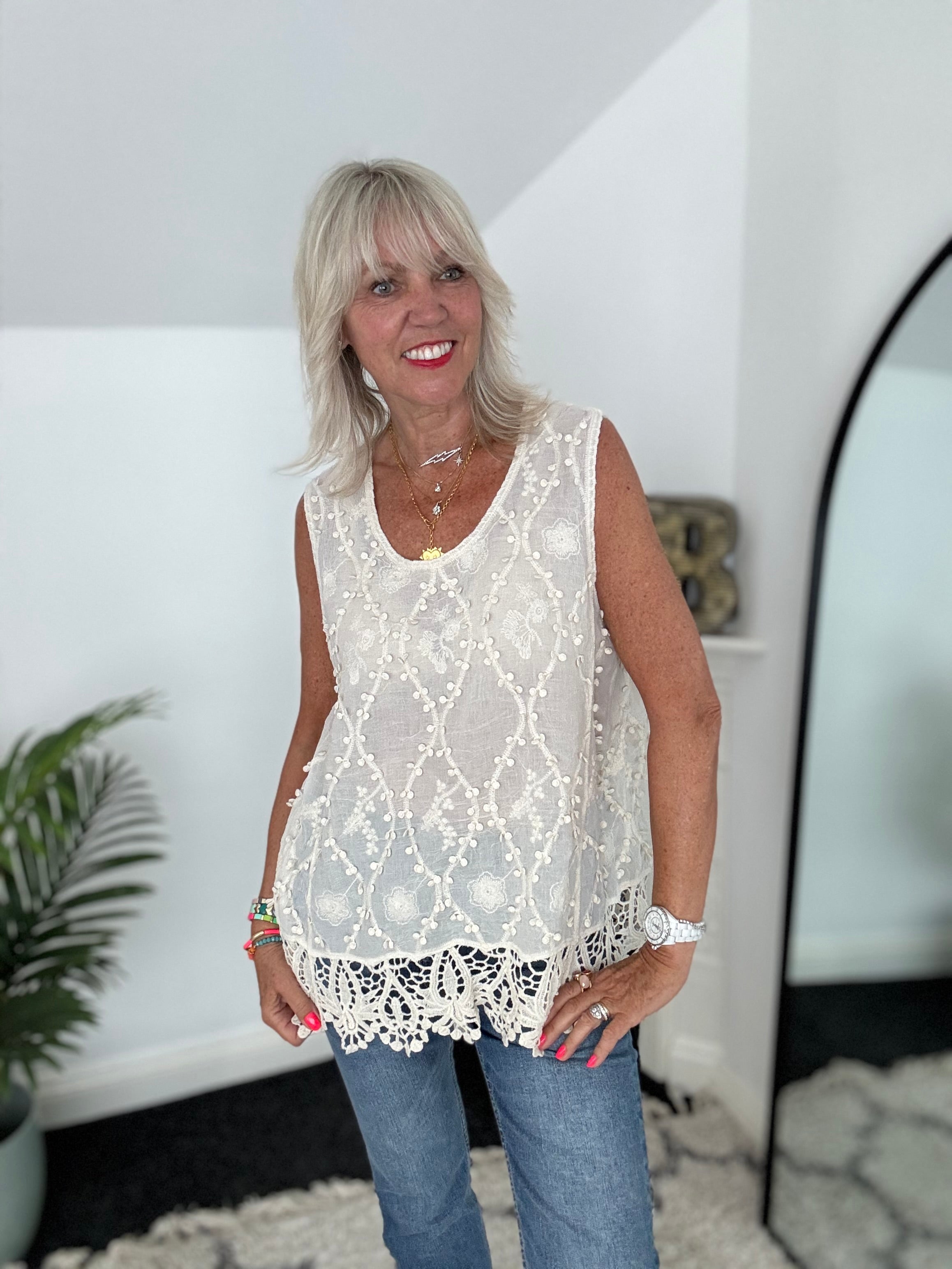 Embroidered Cotton Vest in Ecru