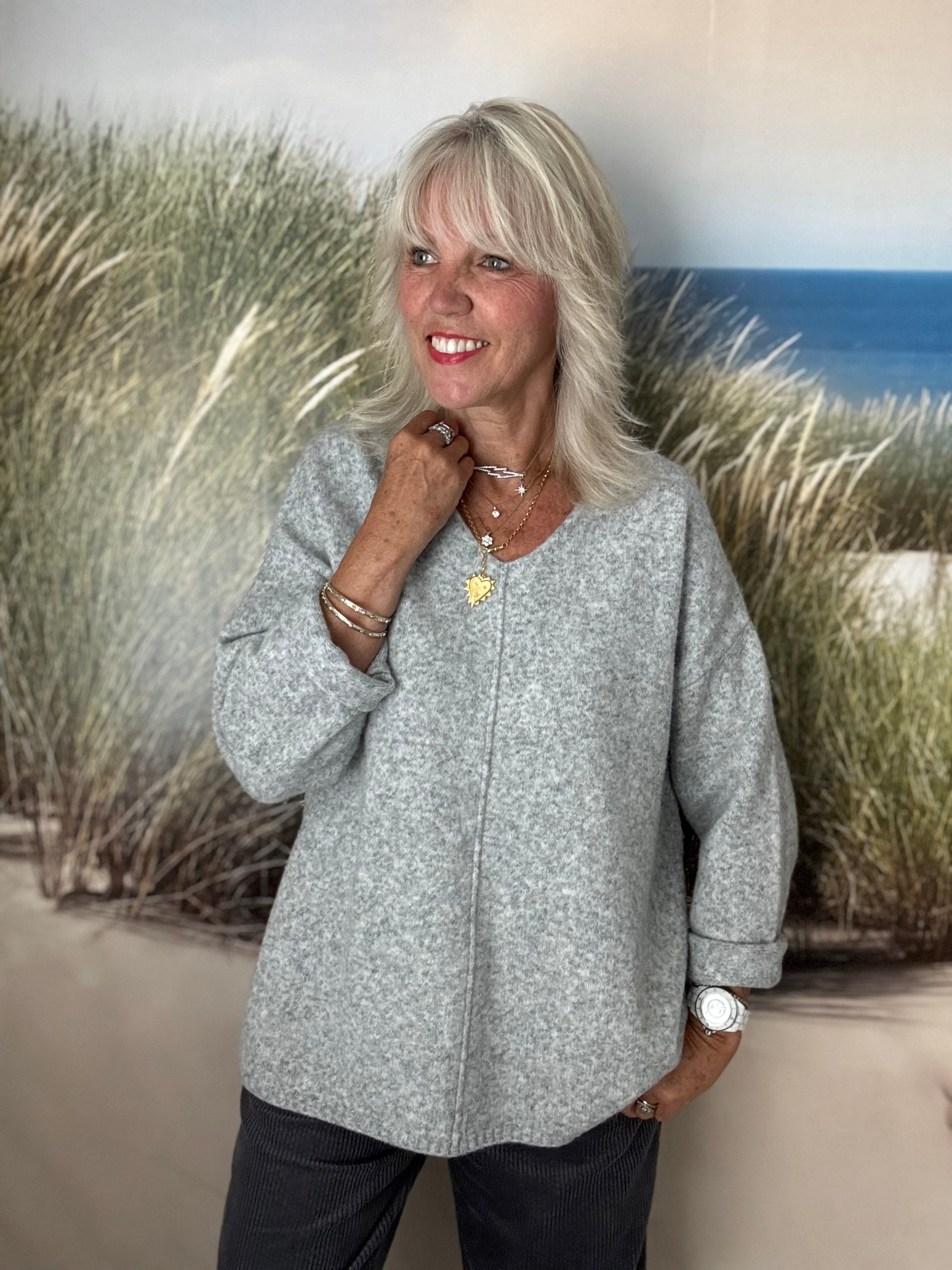 Seam Front V Neck Jumper in Marl Grey