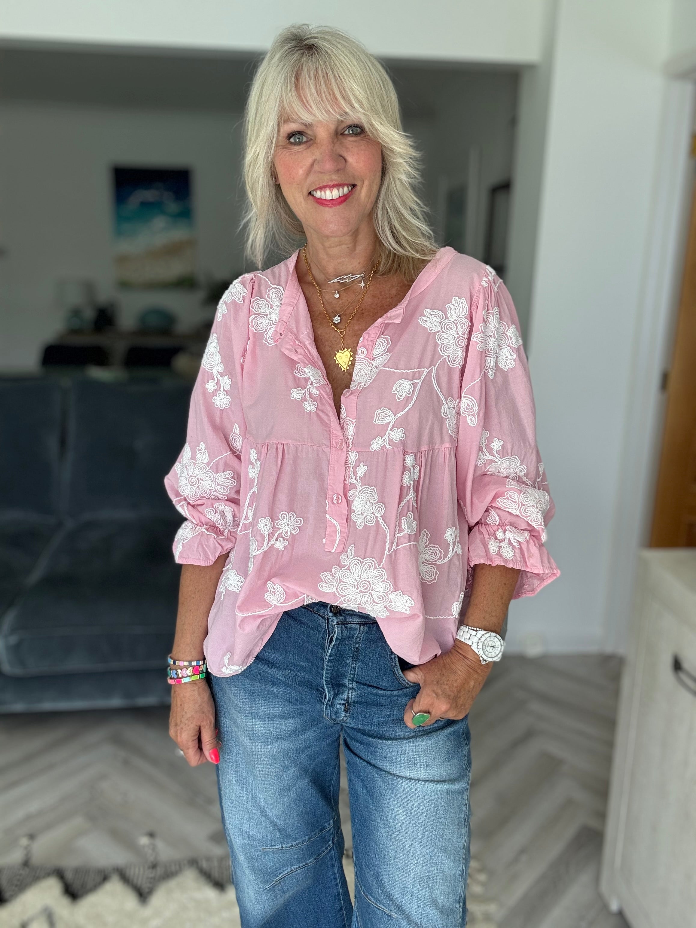 Luxe Embroidered Blouse in Pink