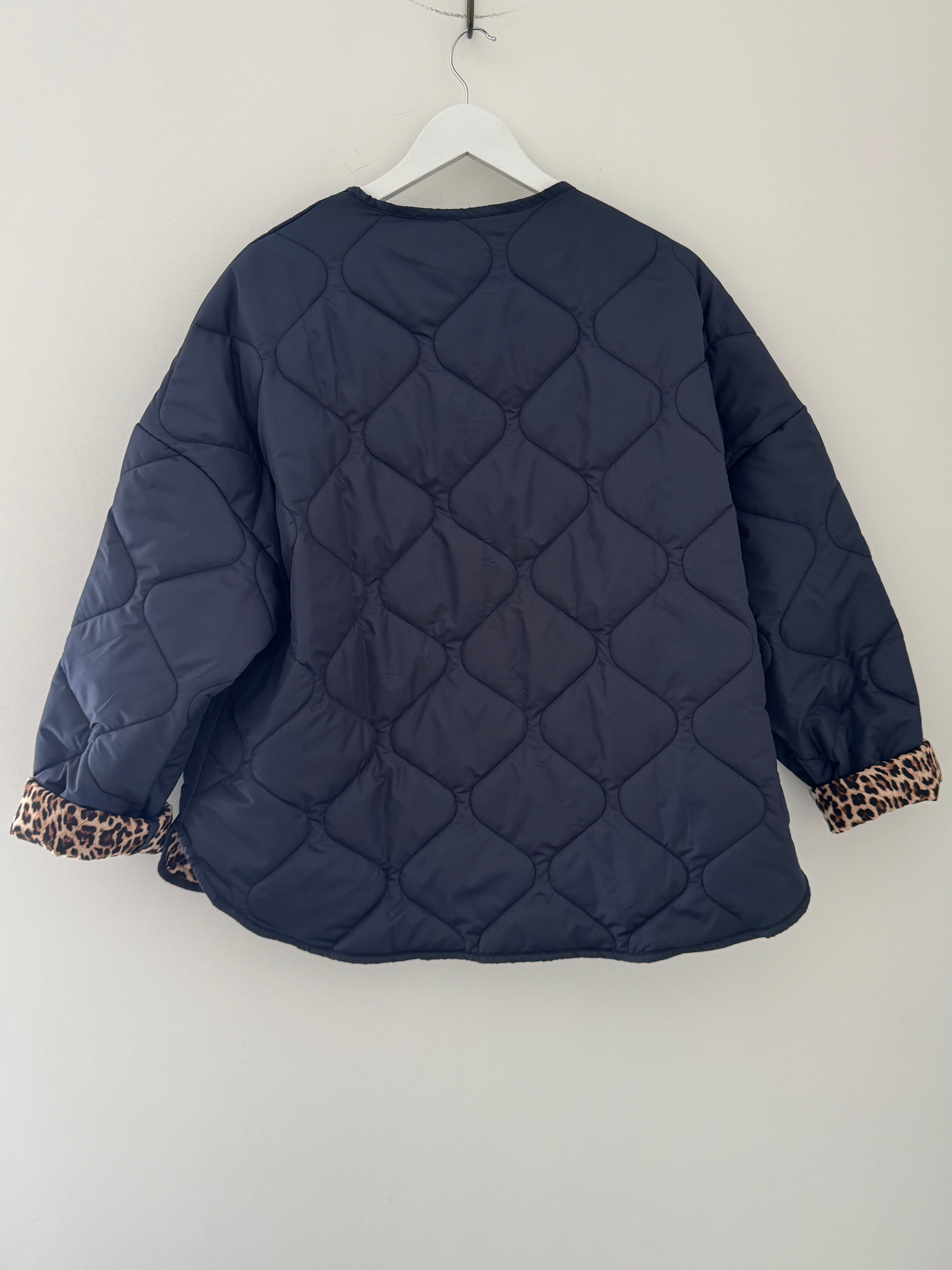 Reversible Quilted Jacket in Navy & Leopard