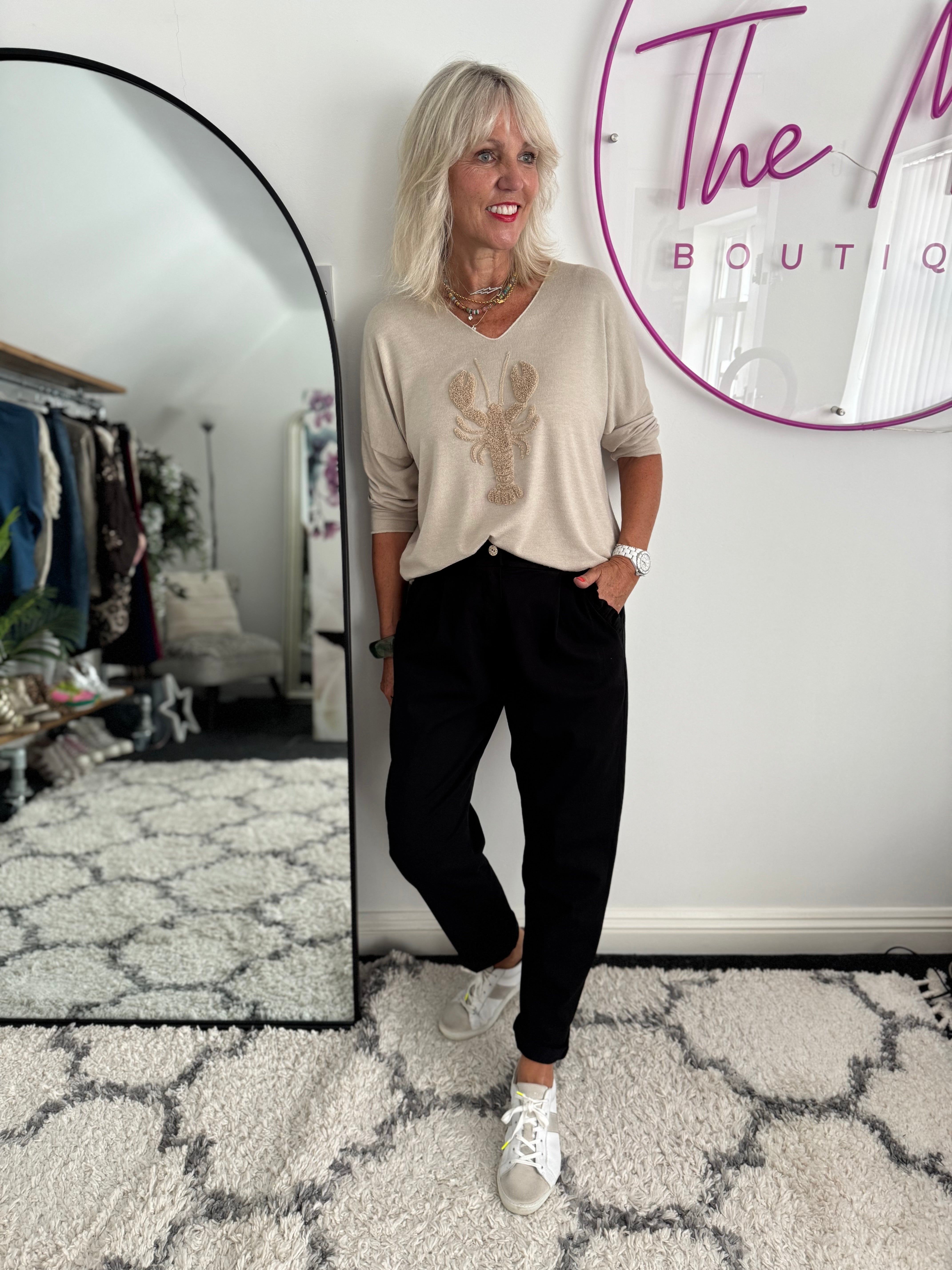 Luxe Stretch Trousers with Ruffle Pocket in Black