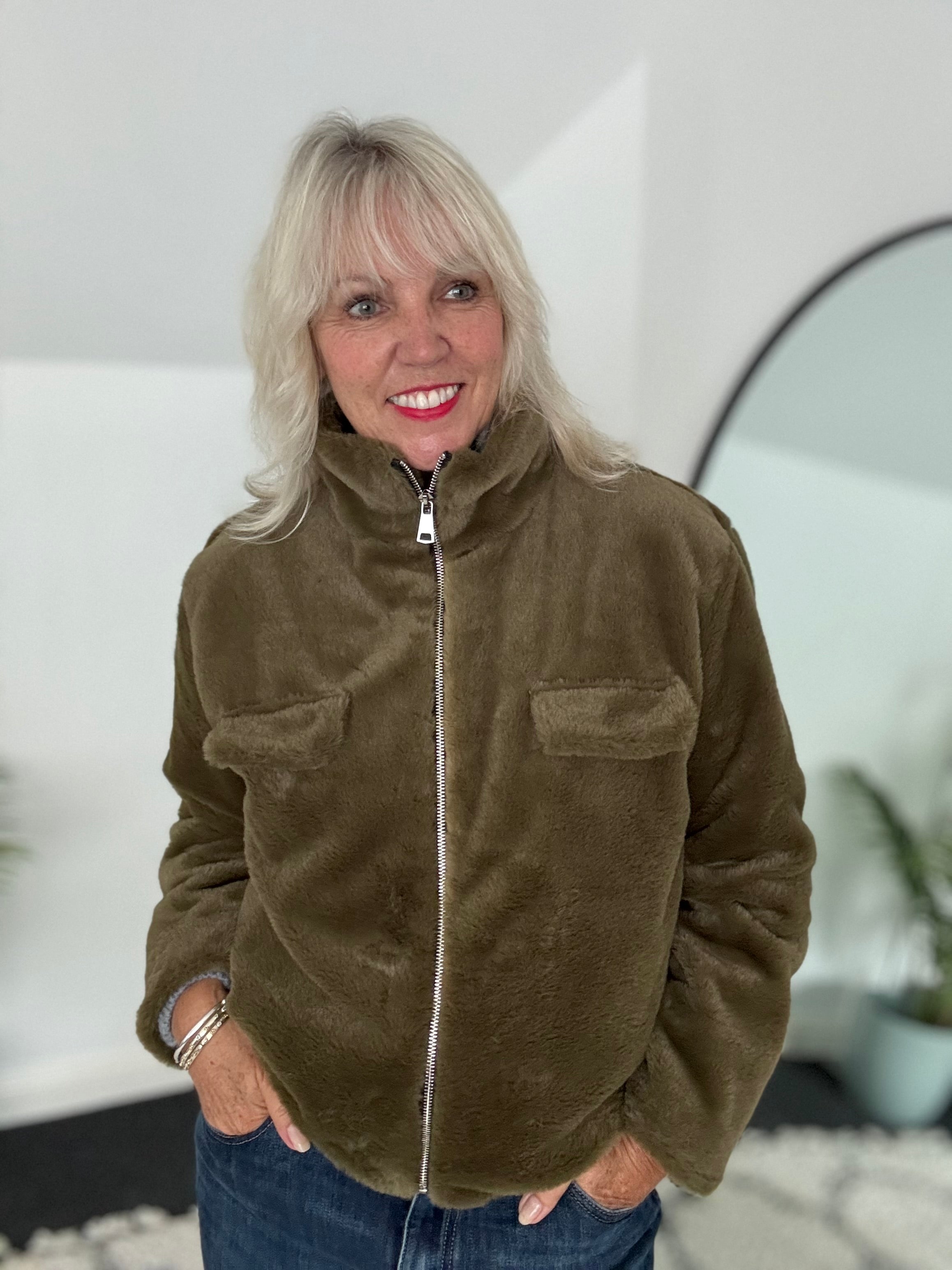 Faux Fur Jacket in Khaki