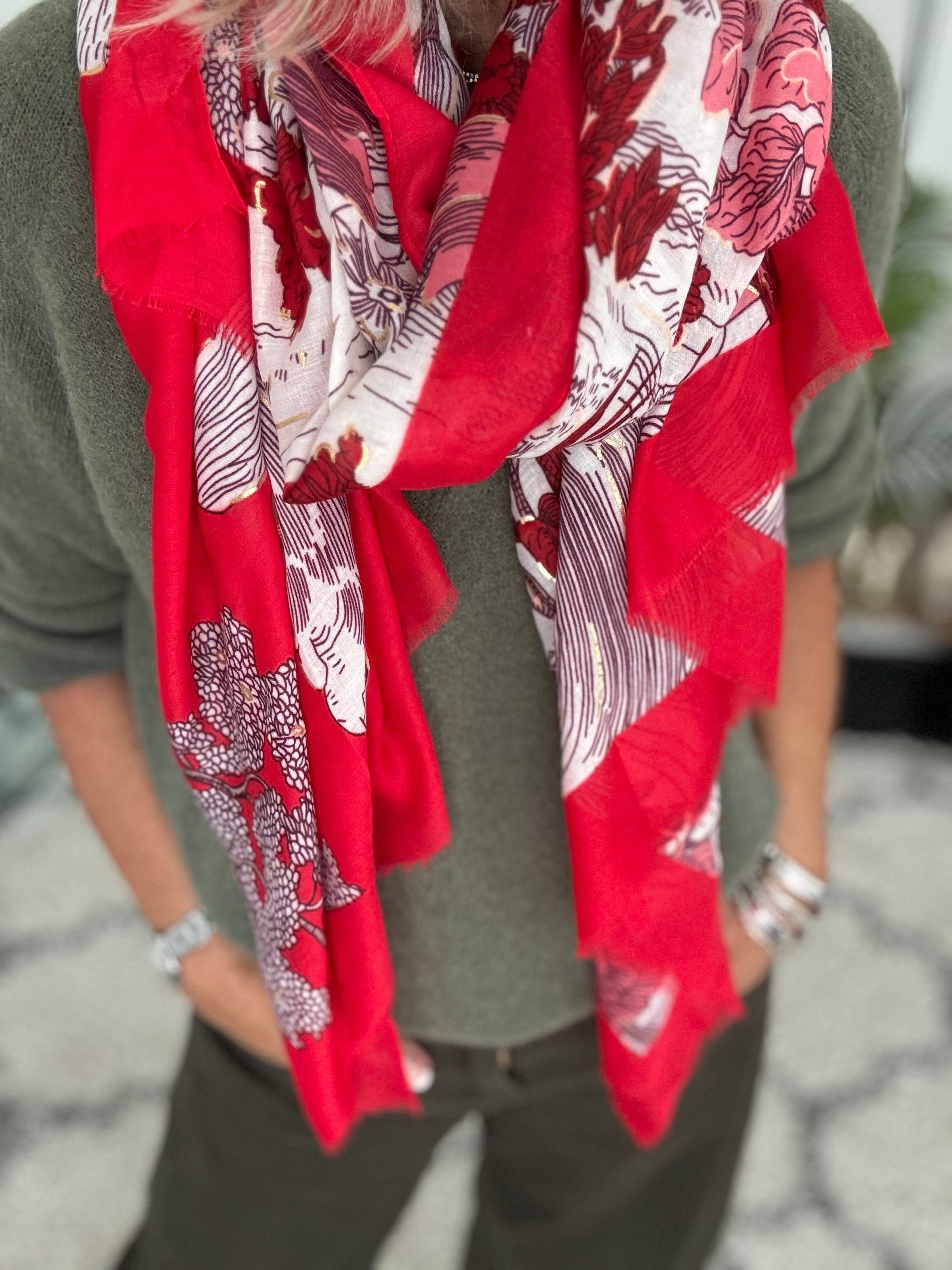 Stunning Leaf Scarf In Red & Pink