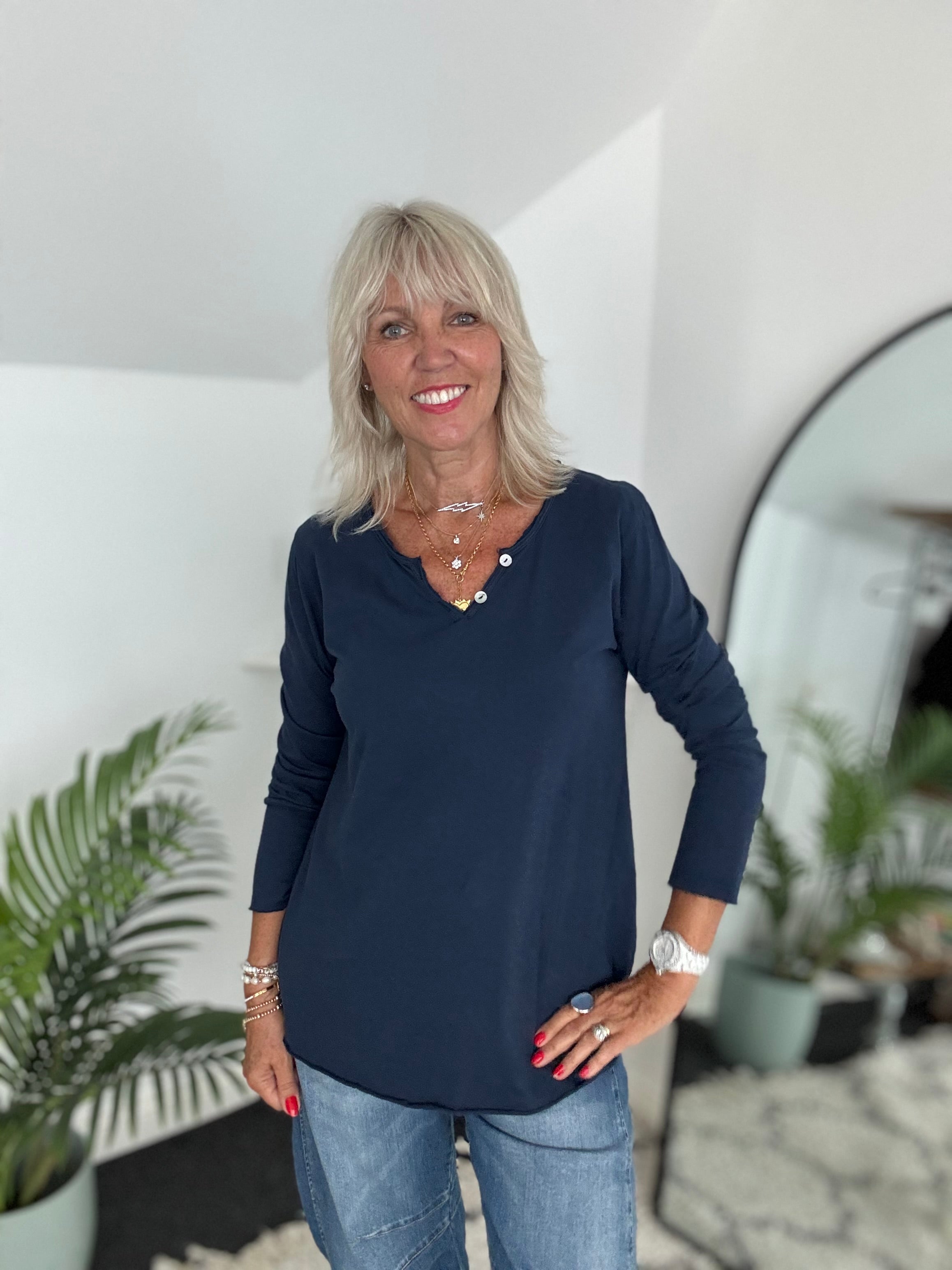 Long Sleeve Cotton Top in Navy