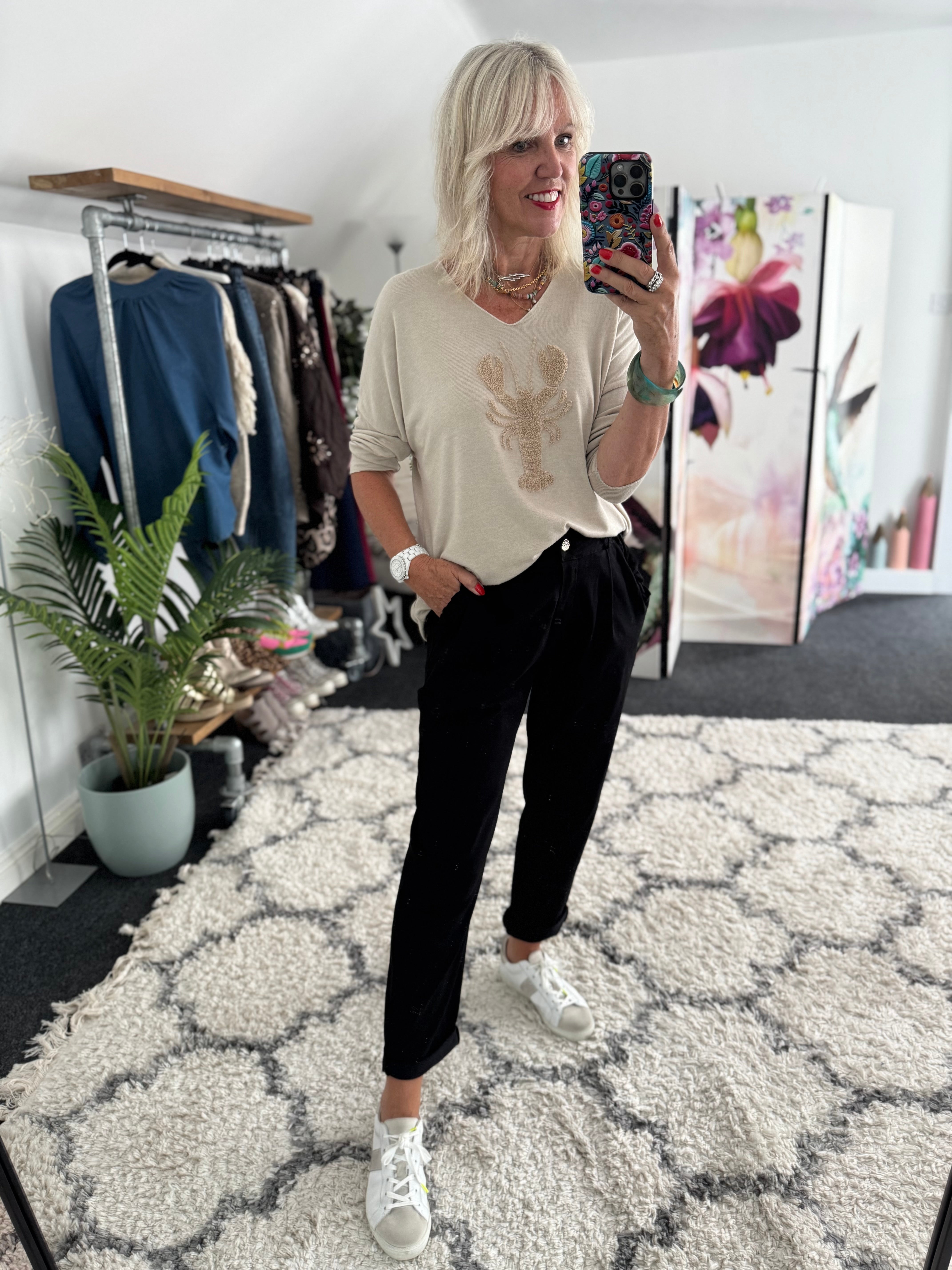 Luxe Stretch Trousers with Ruffle Pocket in Black