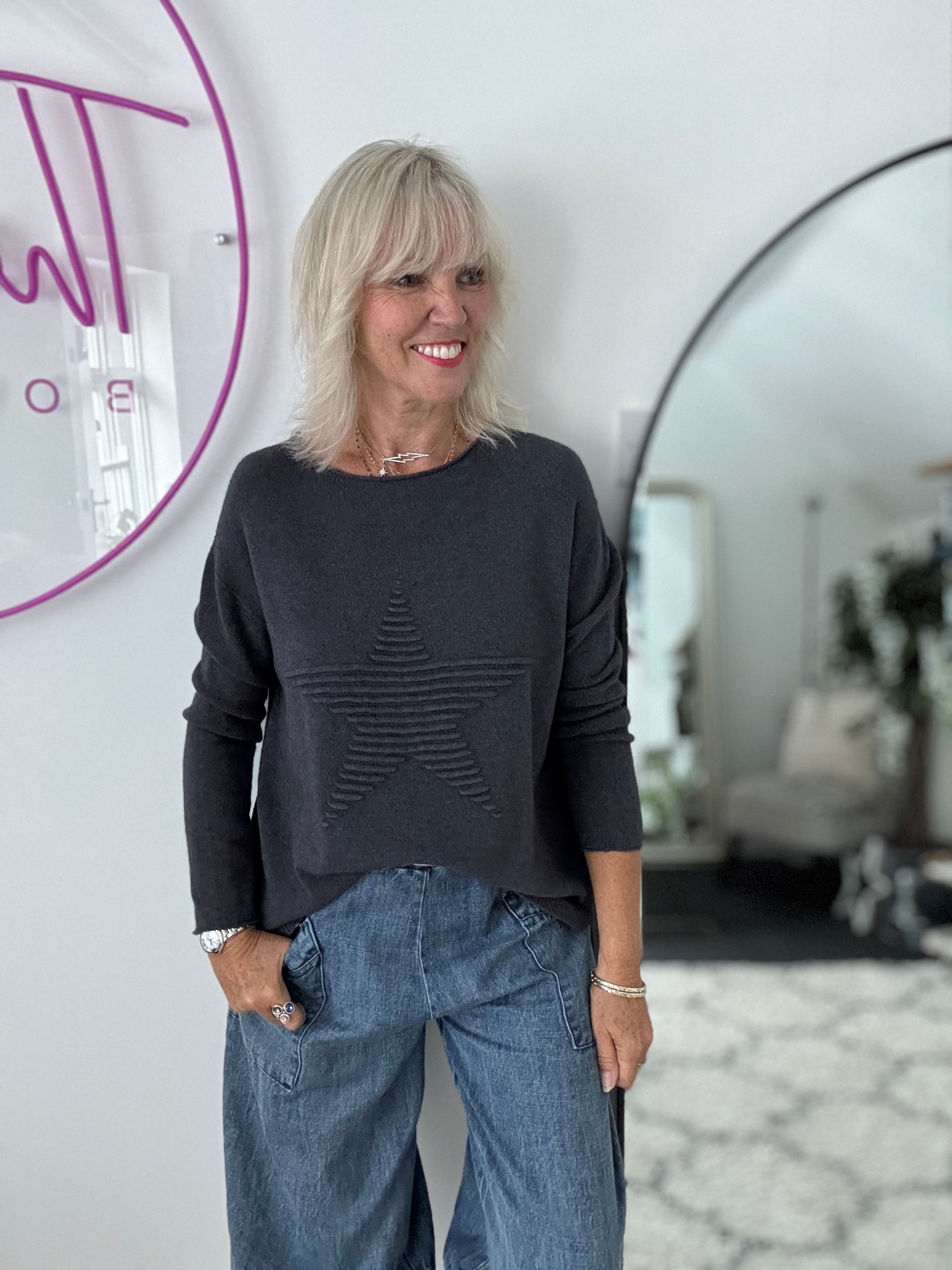 Ribbed Star Jumper in Charcoal