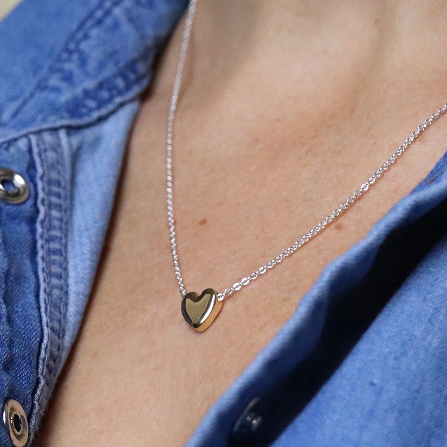 Silver Necklace with Gold Puff Heart