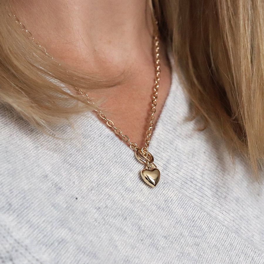 Gold T Bar Necklace with Puff Heart Charm