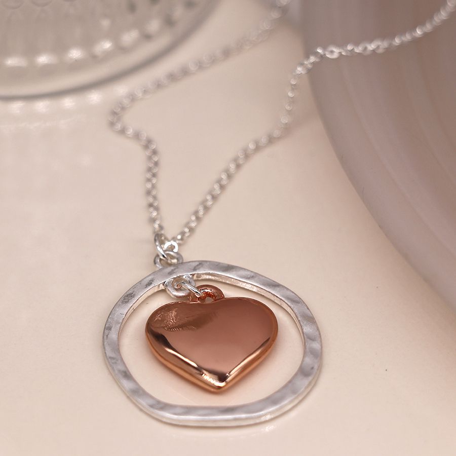 Silver Necklace with Hammered Hoop & Rose Gold Heart