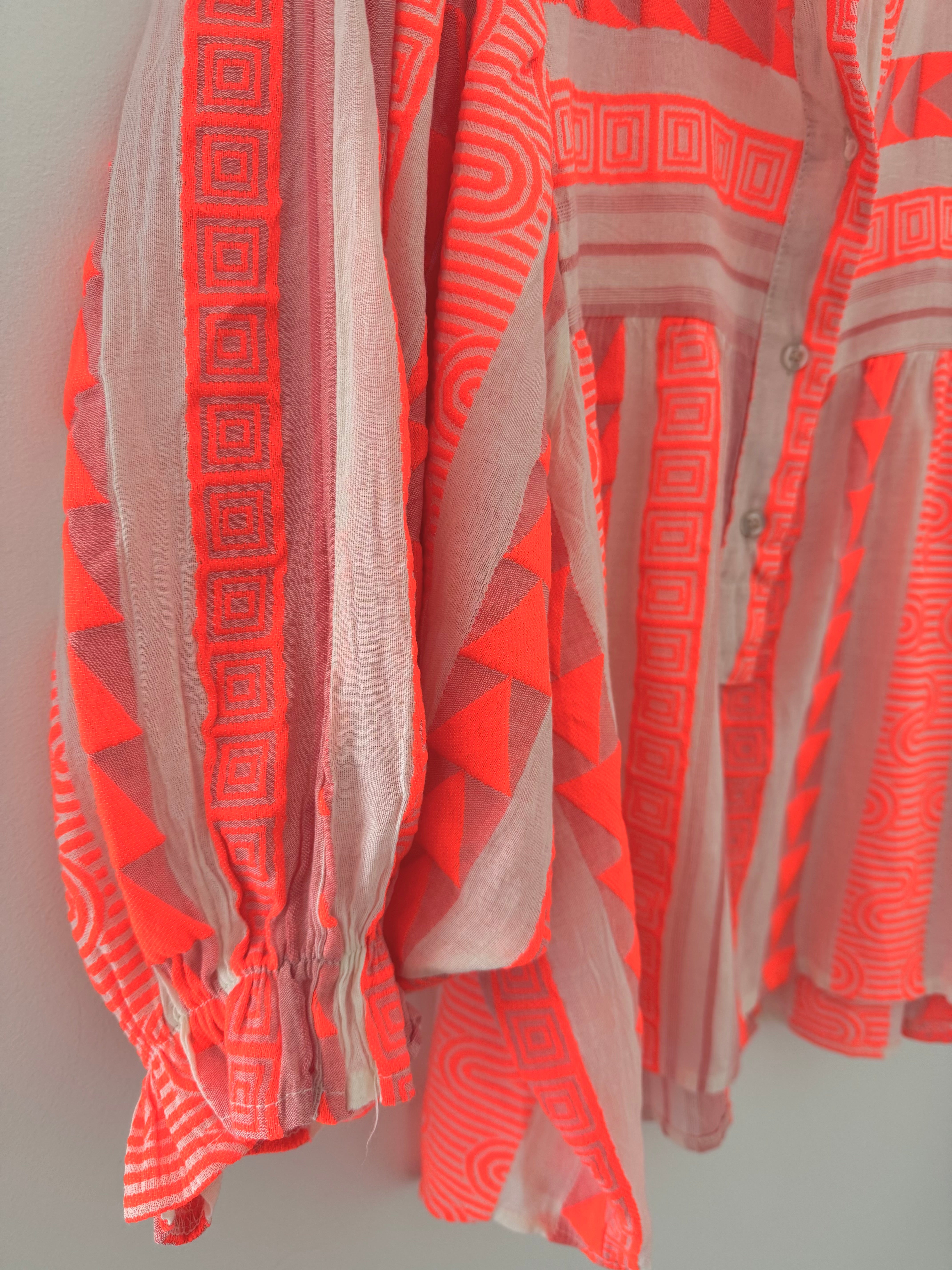 Embroidered Shirt in Neon Orange & Ivory