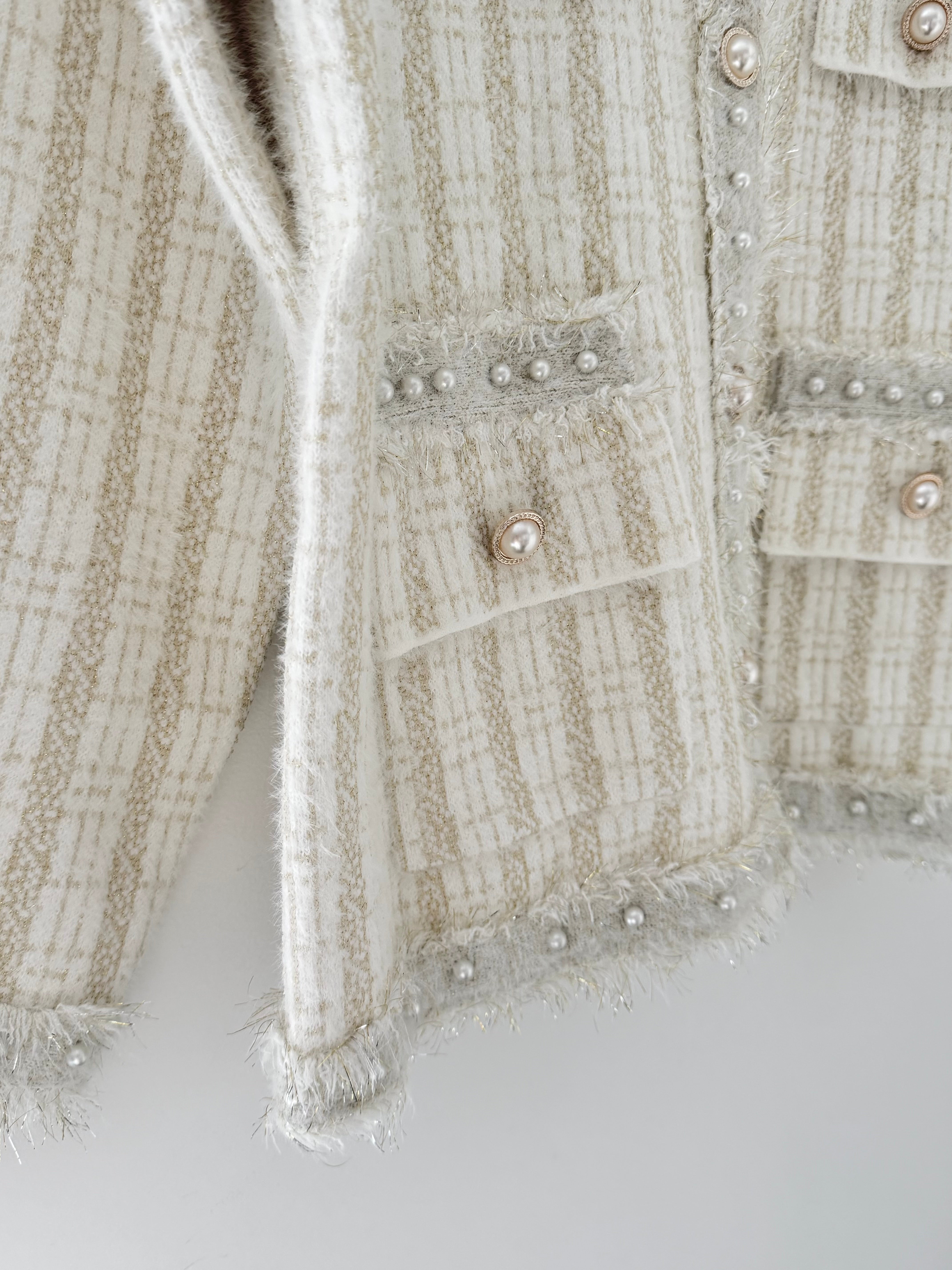 Pearl Button & Tweed Cardi Jacket in Ivory & Gold