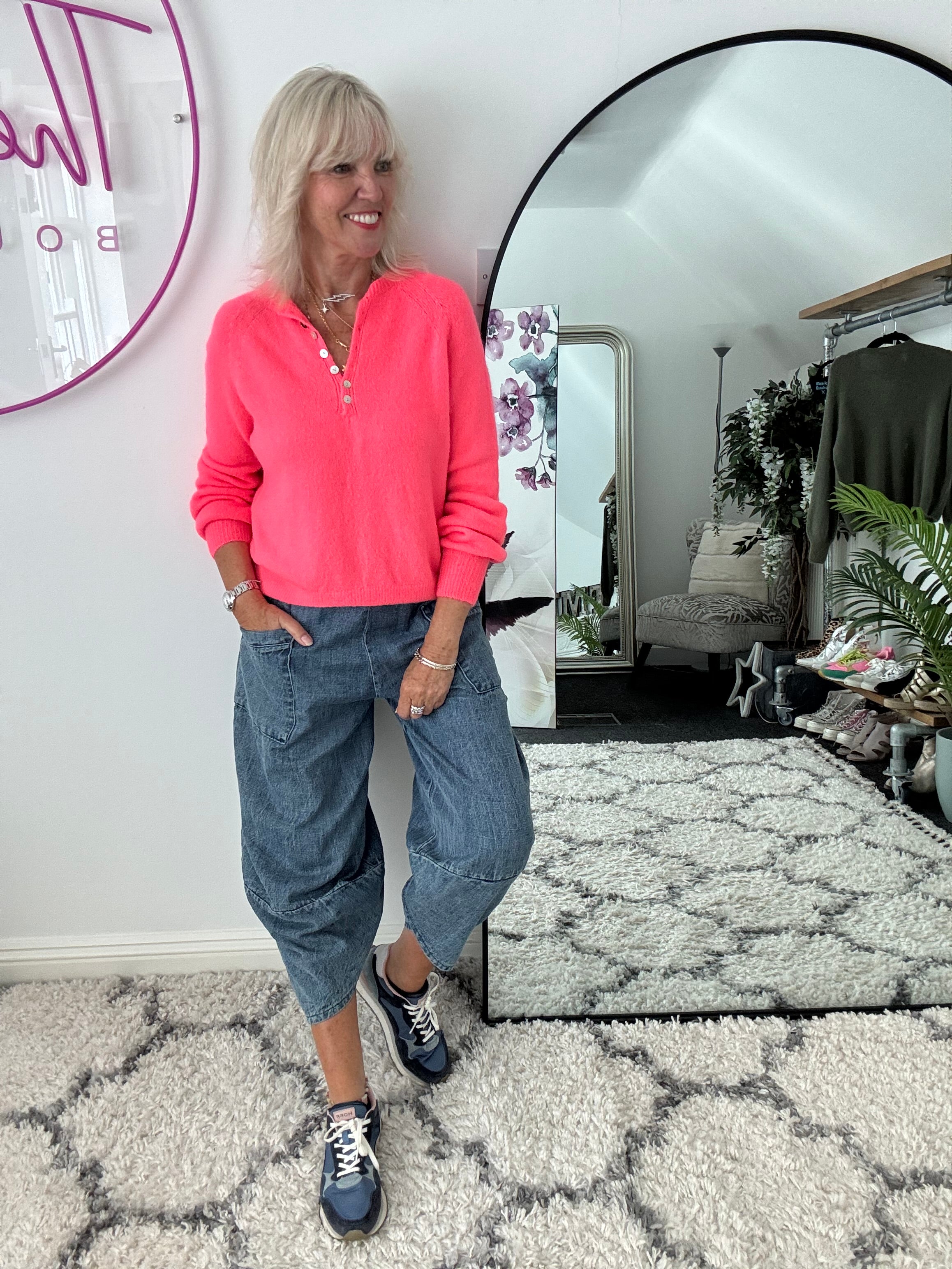 Softie Jumper with Button Neck in Neon Coral