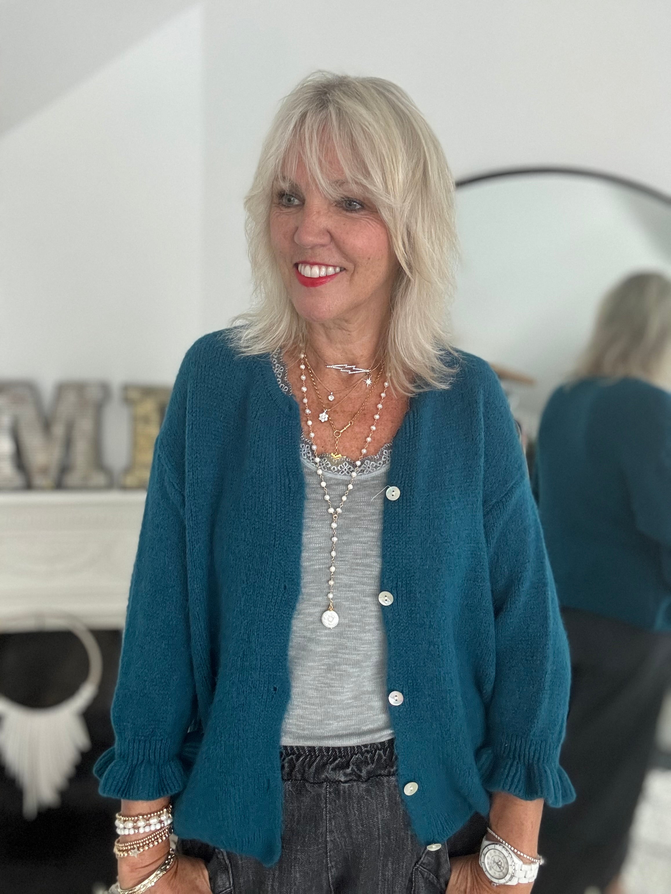 Alpaca Cardi with Frill Cuffs in Teal