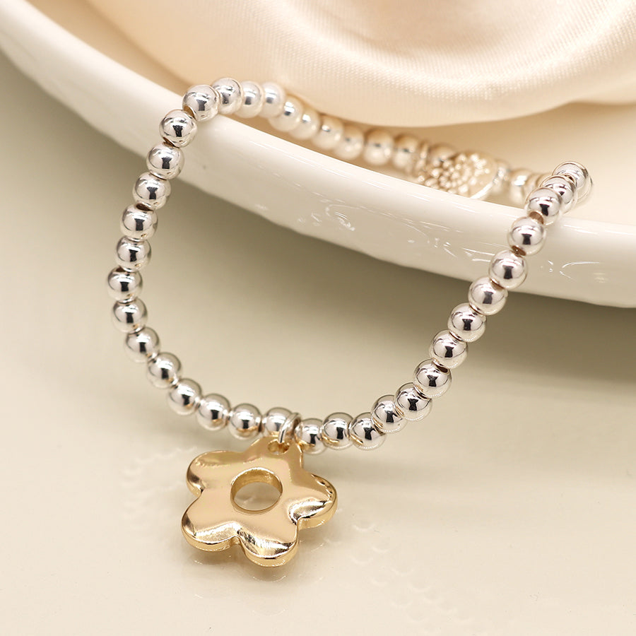 Silver Bead Bracelet with Gold Daisy