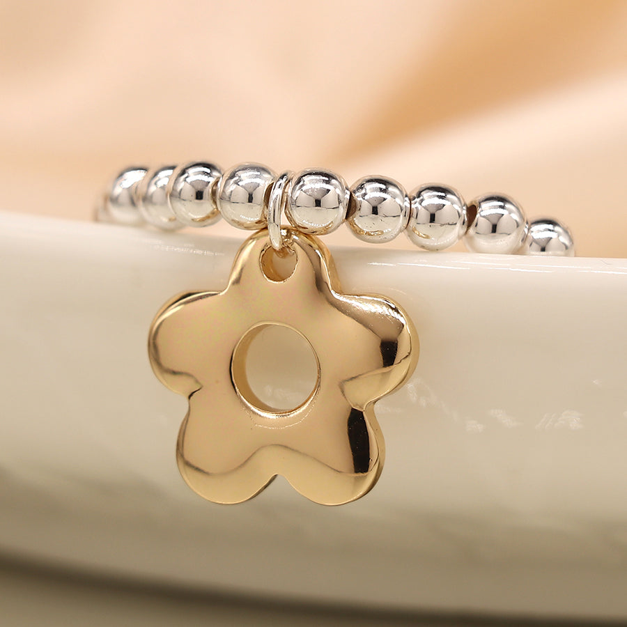 Silver Bead Bracelet with Gold Daisy