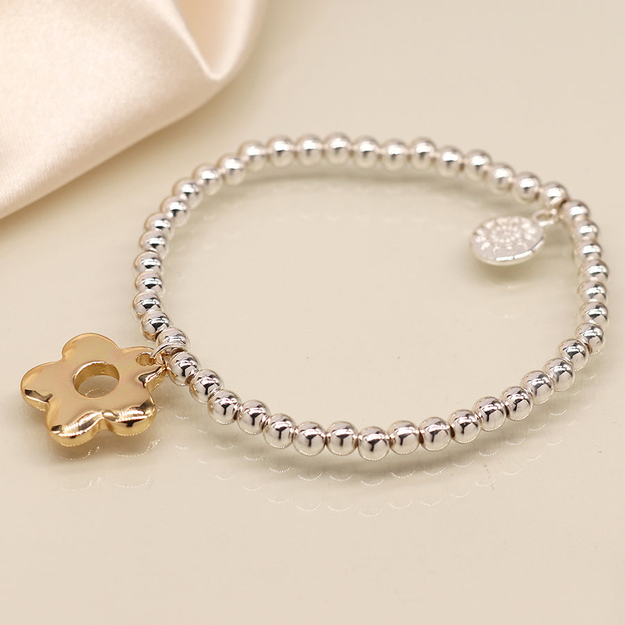 Silver Bead Bracelet with Gold Daisy