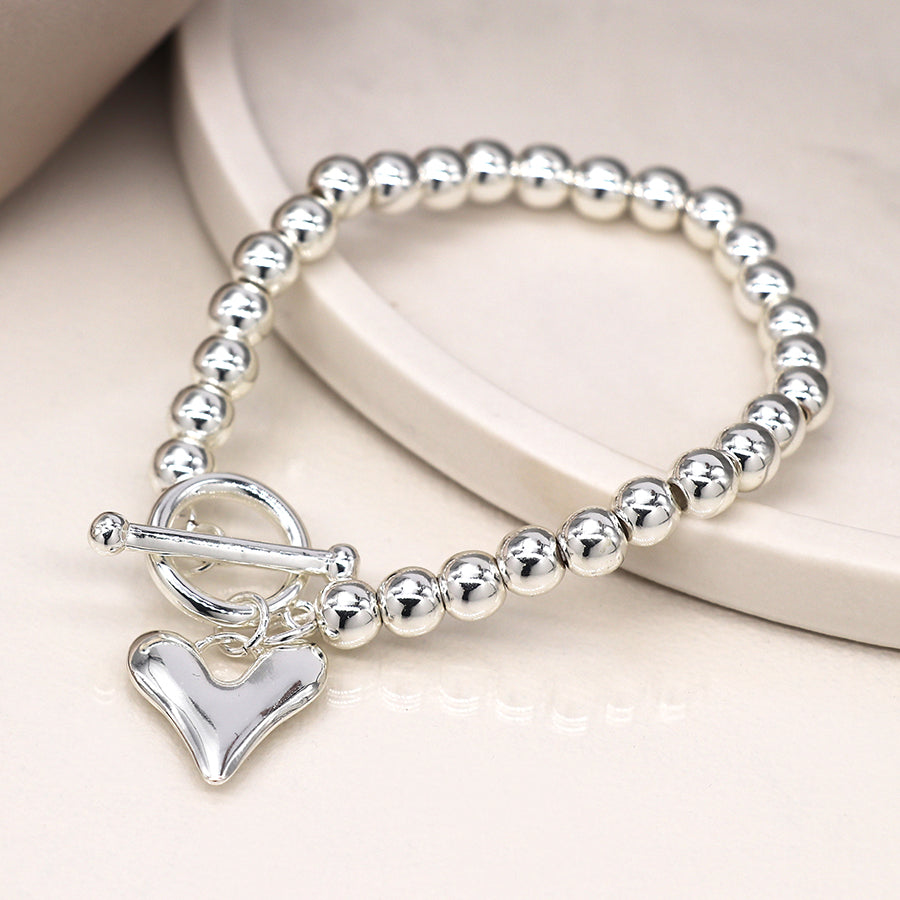 Silver Bead T-Bar & Heart Charm Stretch Bracelet