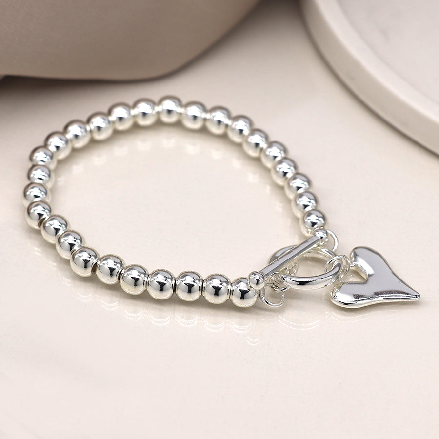 Silver Bead T-Bar & Heart Charm Stretch Bracelet