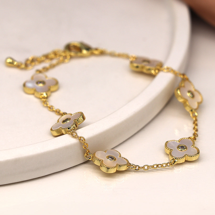 Gold Bracelet with Mother of Pearl Clover Charms