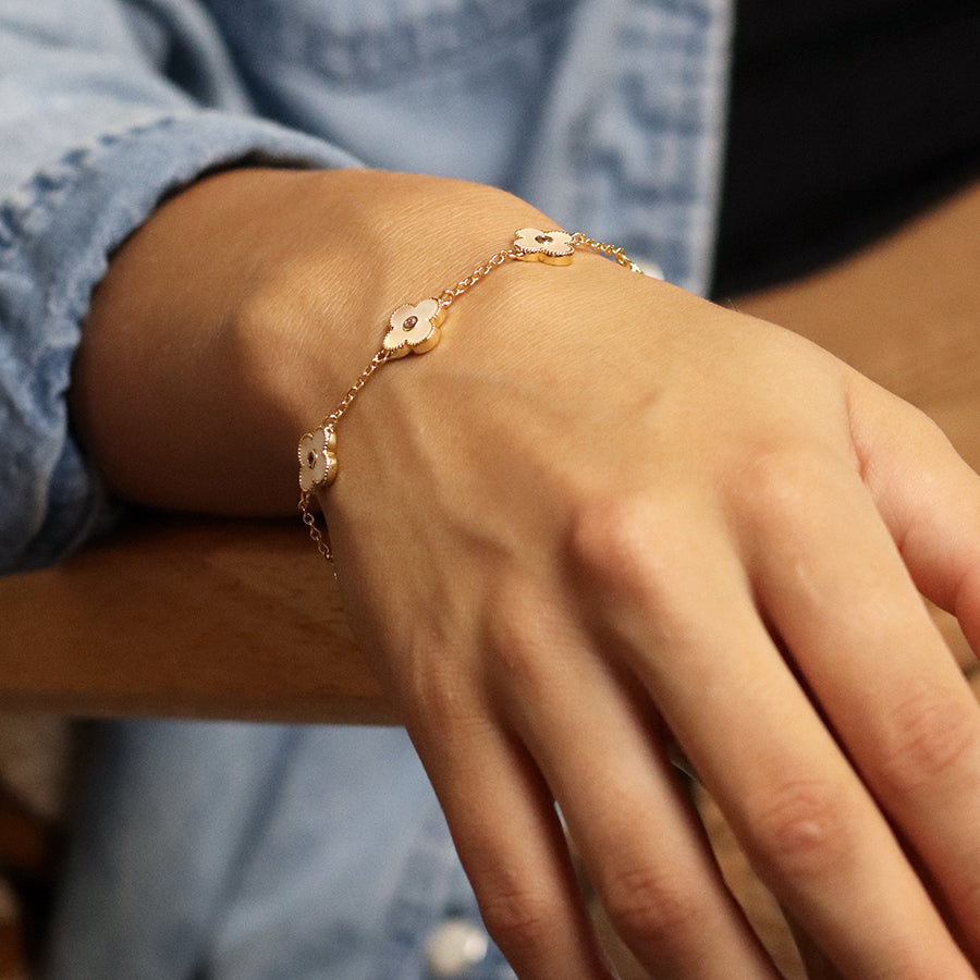 Gold Bracelet with Mother of Pearl Clover Charms