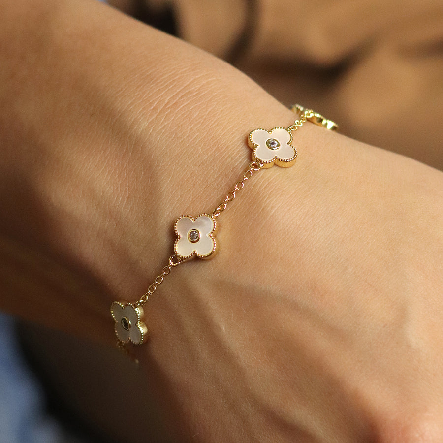 Gold Bracelet with Mother of Pearl Clover Charms