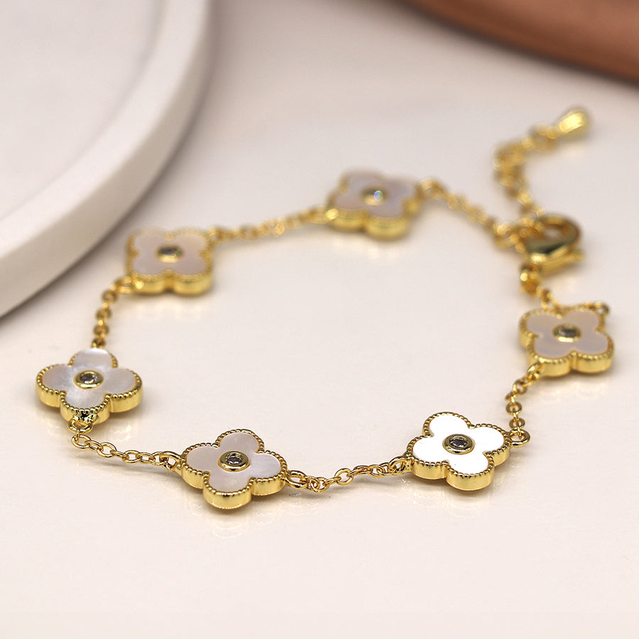 Gold Bracelet with Mother of Pearl Clover Charms