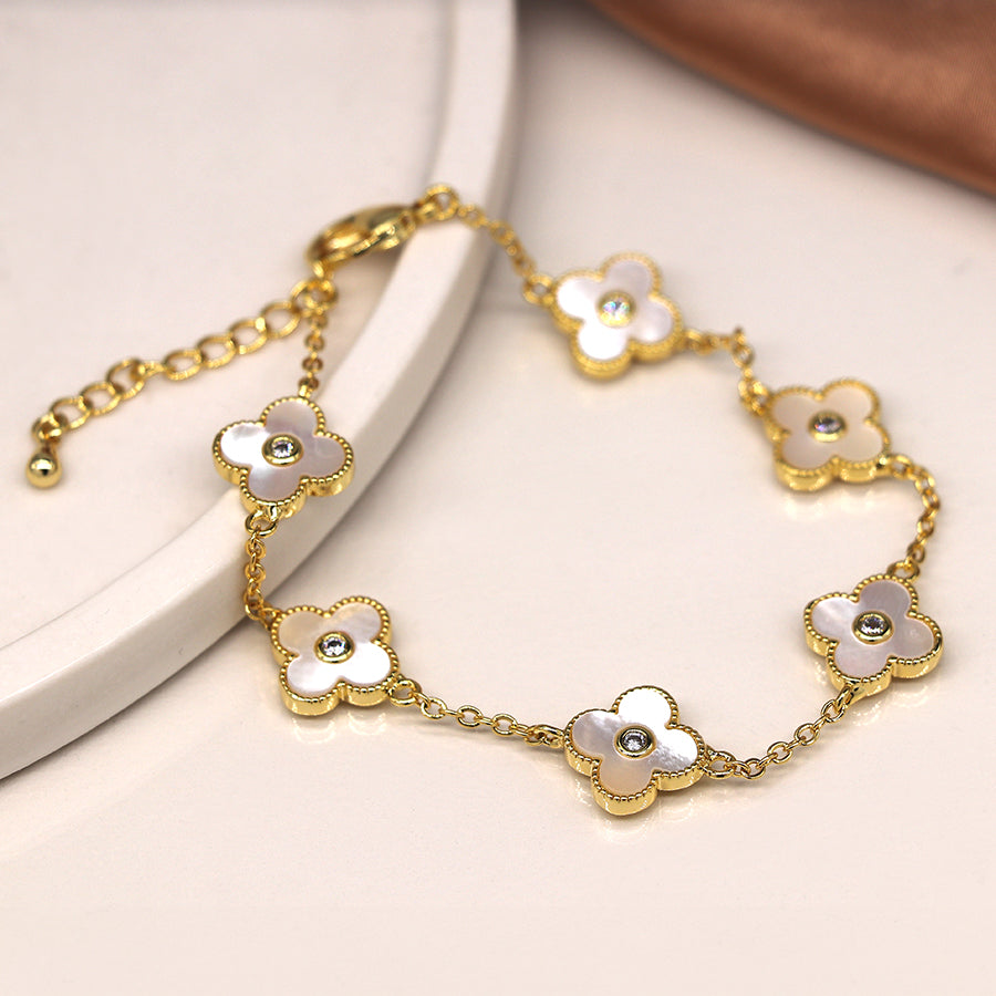 Gold Bracelet with Mother of Pearl Clover Charms