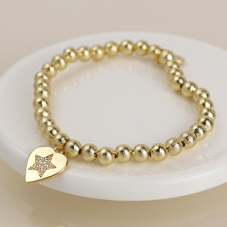 Beaten Gold Bracelet with Diamonte Heart Charm