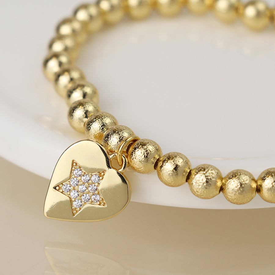 Beaten Gold Bracelet with Diamonte Heart Charm