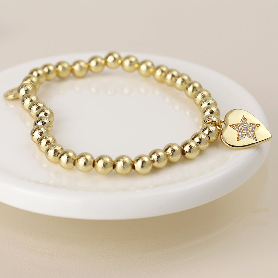 Beaten Gold Bracelet with Diamonte Heart Charm