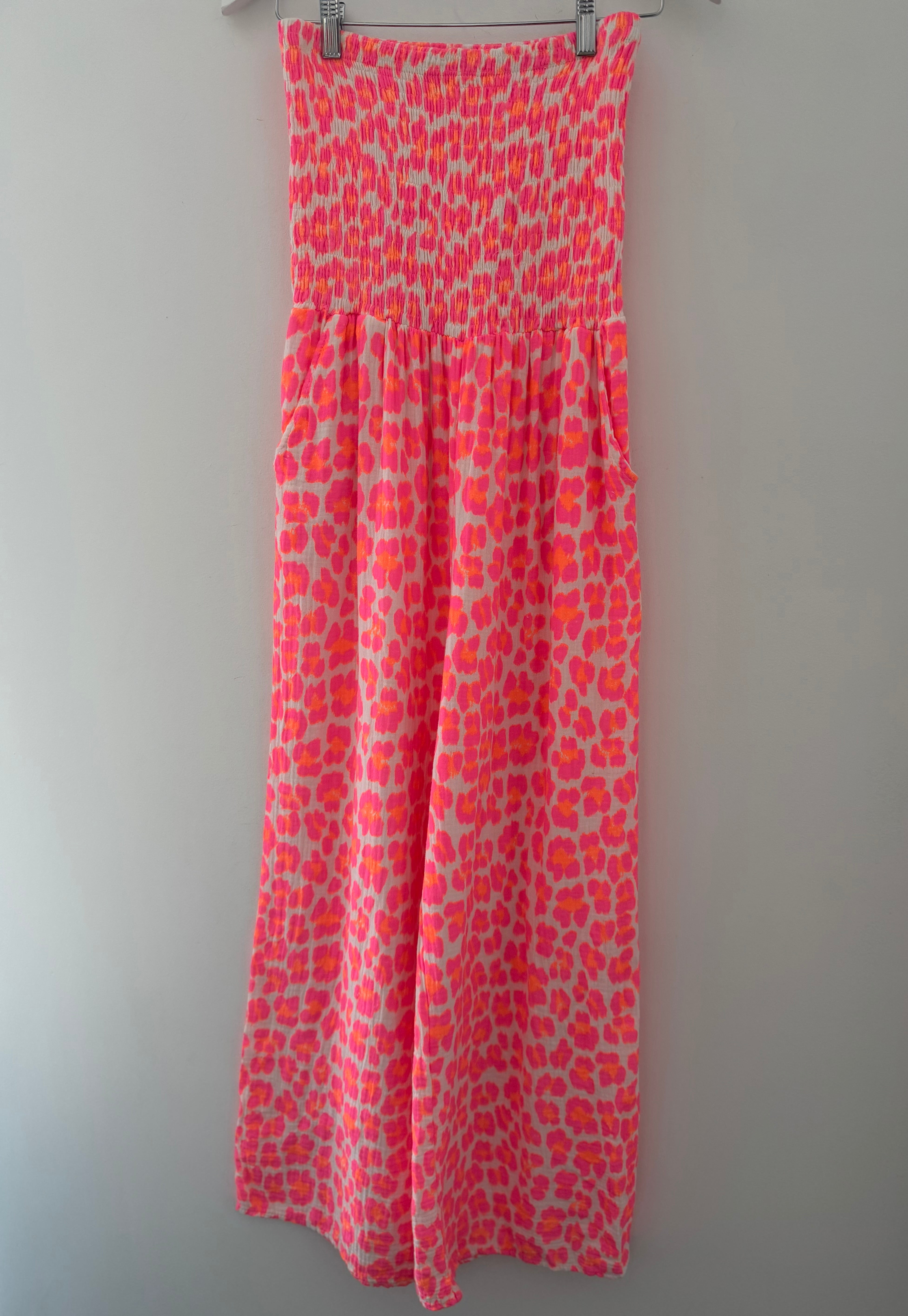 Bandeau Cheesecloth Jumpsuit in Neon Pink & Orange Leopard