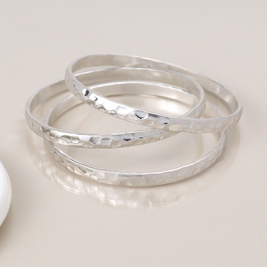 Silver Hammered Bangle Set of Three