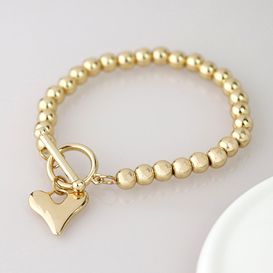 Gold Bead T-Bar & Heart Charm Stretch Bracelet
