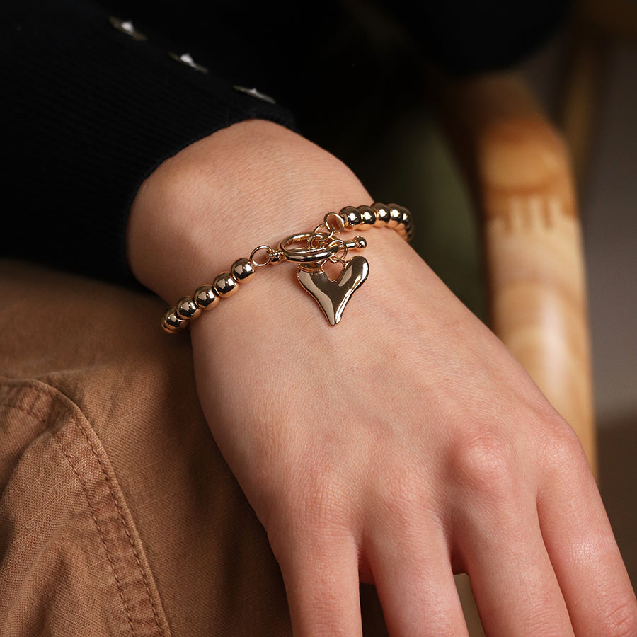 Gold Bead T-Bar & Heart Charm Stretch Bracelet