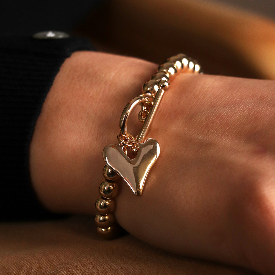 Gold Bead T-Bar & Heart Charm Stretch Bracelet