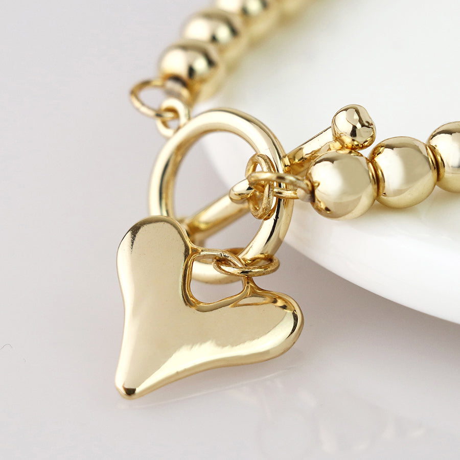 Gold Bead T-Bar & Heart Charm Stretch Bracelet