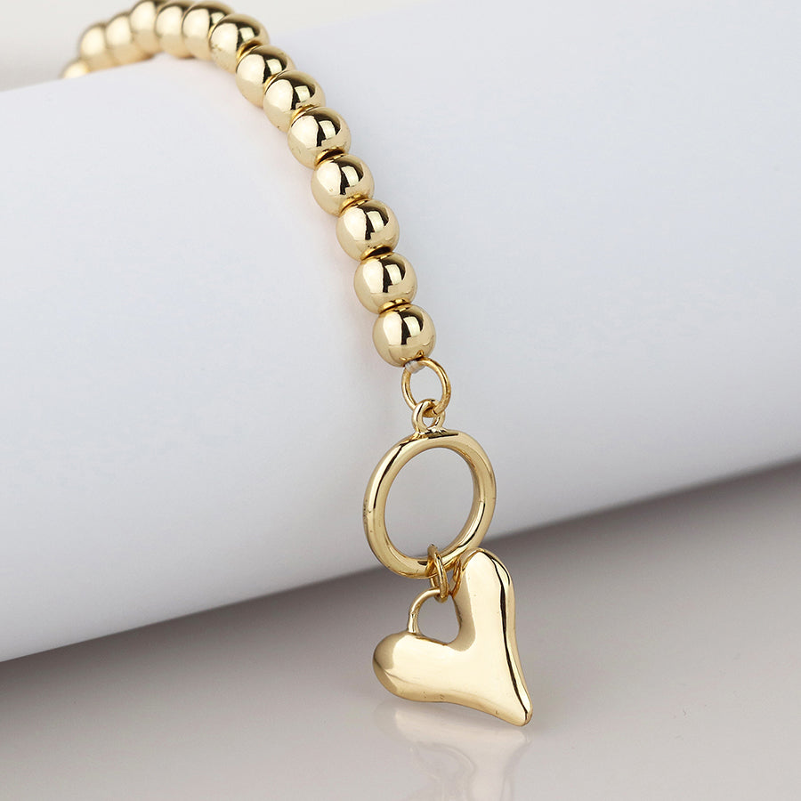 Gold Bead T-Bar & Heart Charm Stretch Bracelet