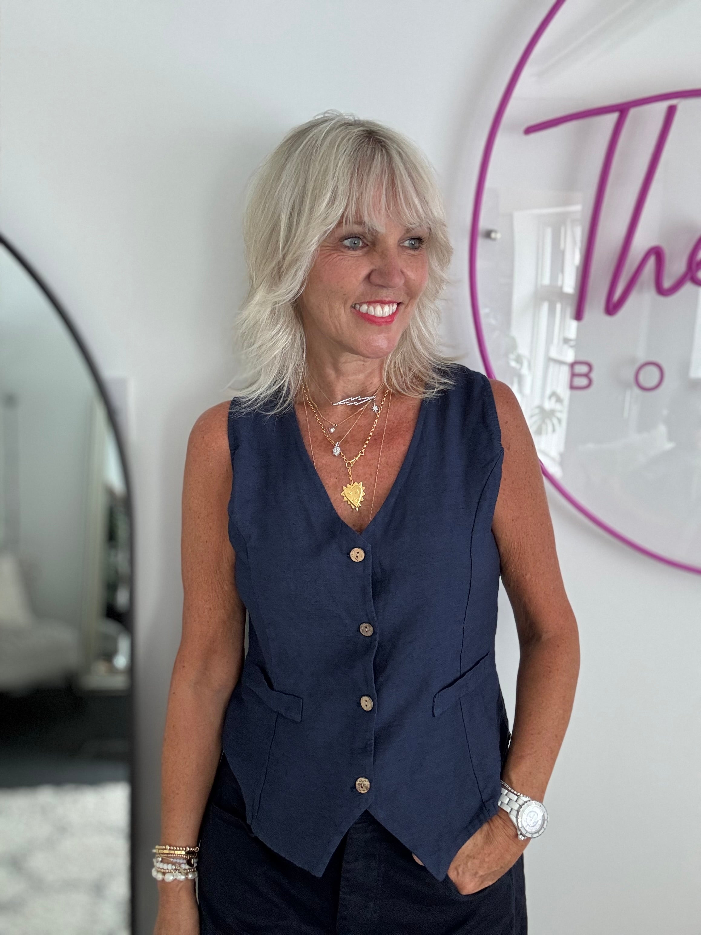 Linen Mix Waistcoat in Navy