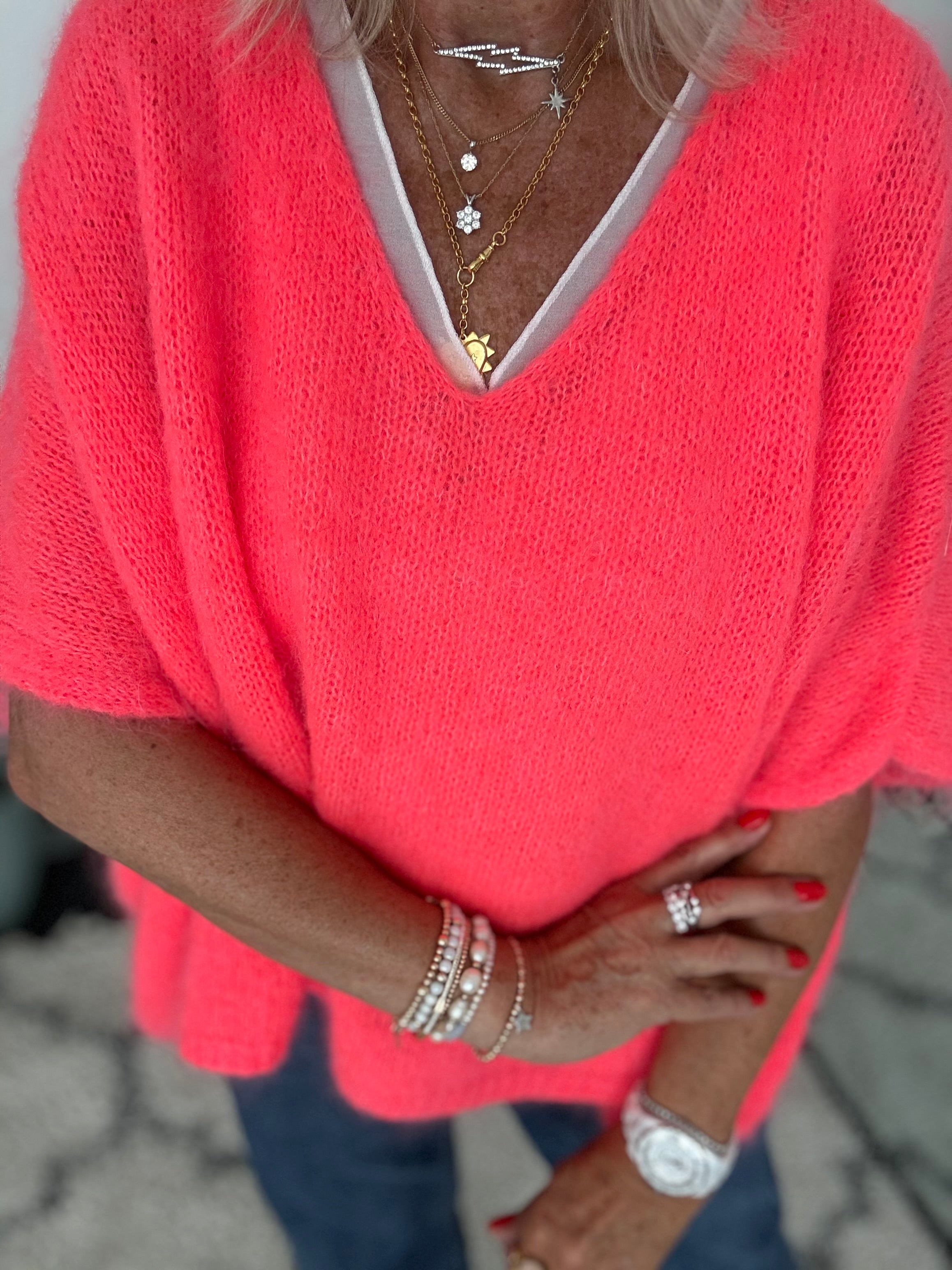 Oversized Mohair V Neck Tank in Neon Coral
