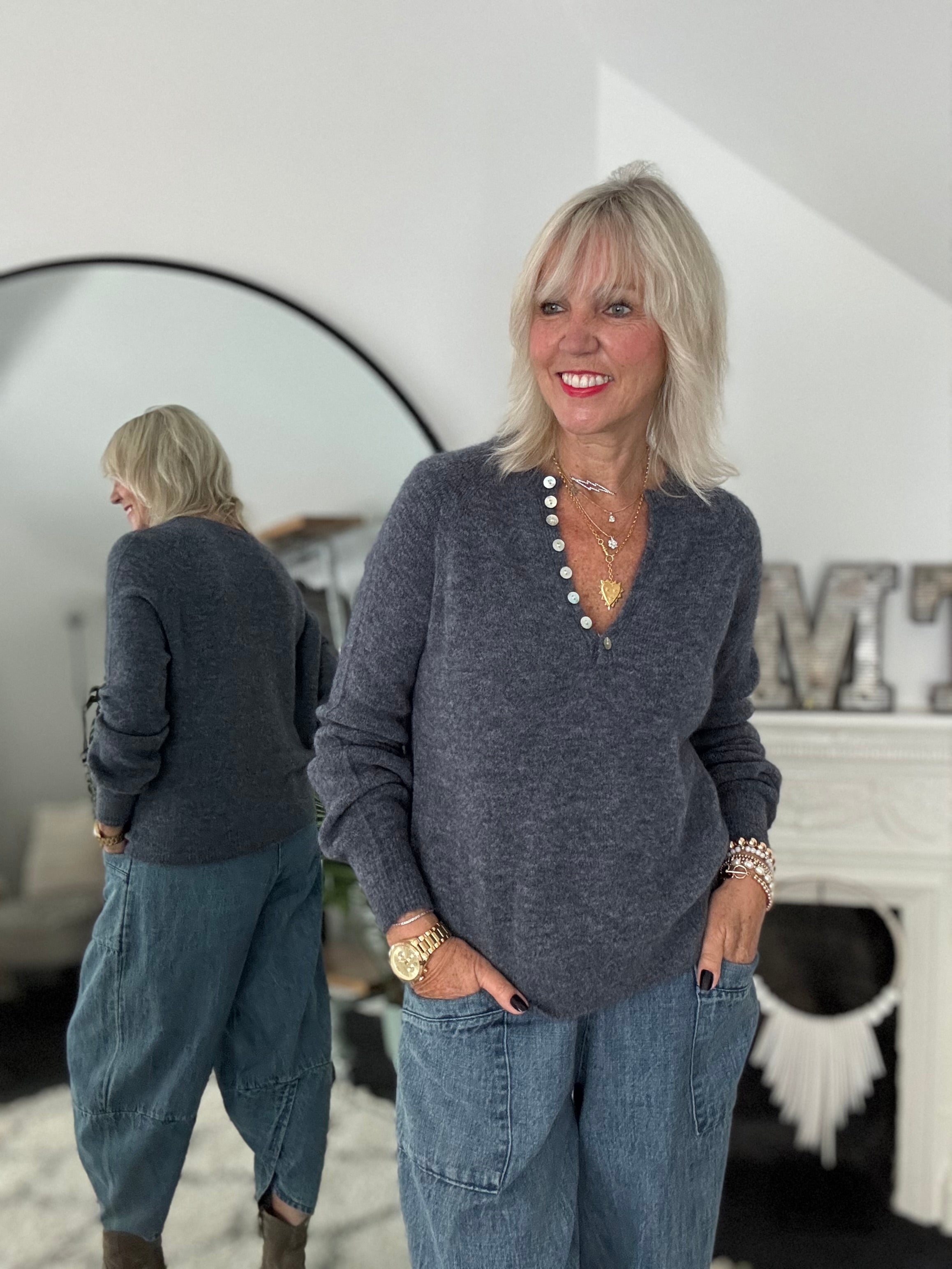 Softie Jumper with Button Neck in Charcoal