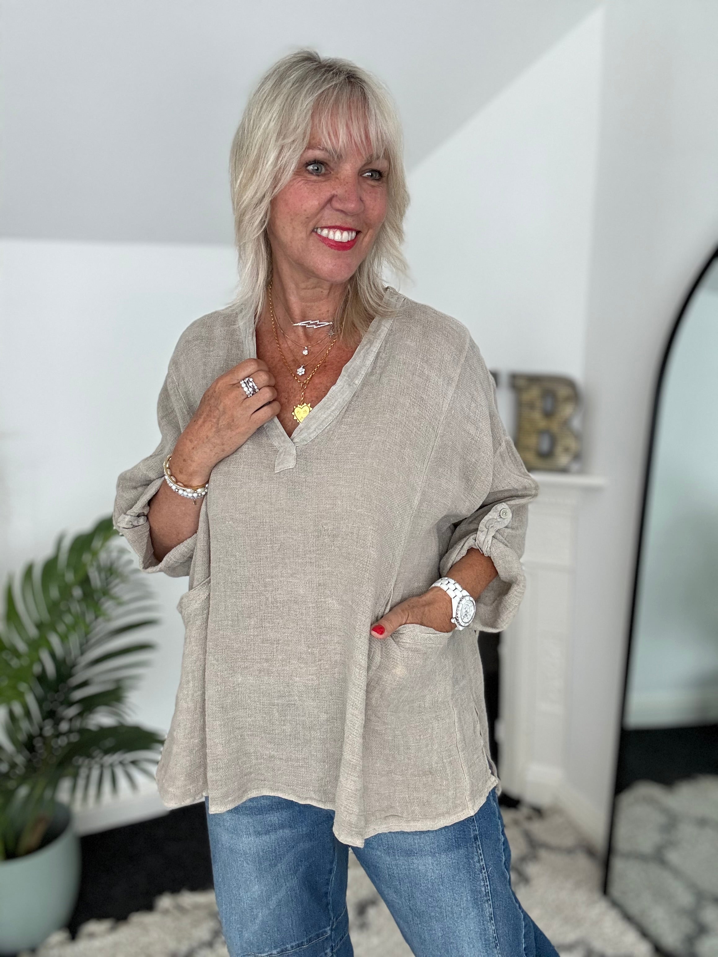 Oversized Linen & Cotton Pocket Top in Light Mocha