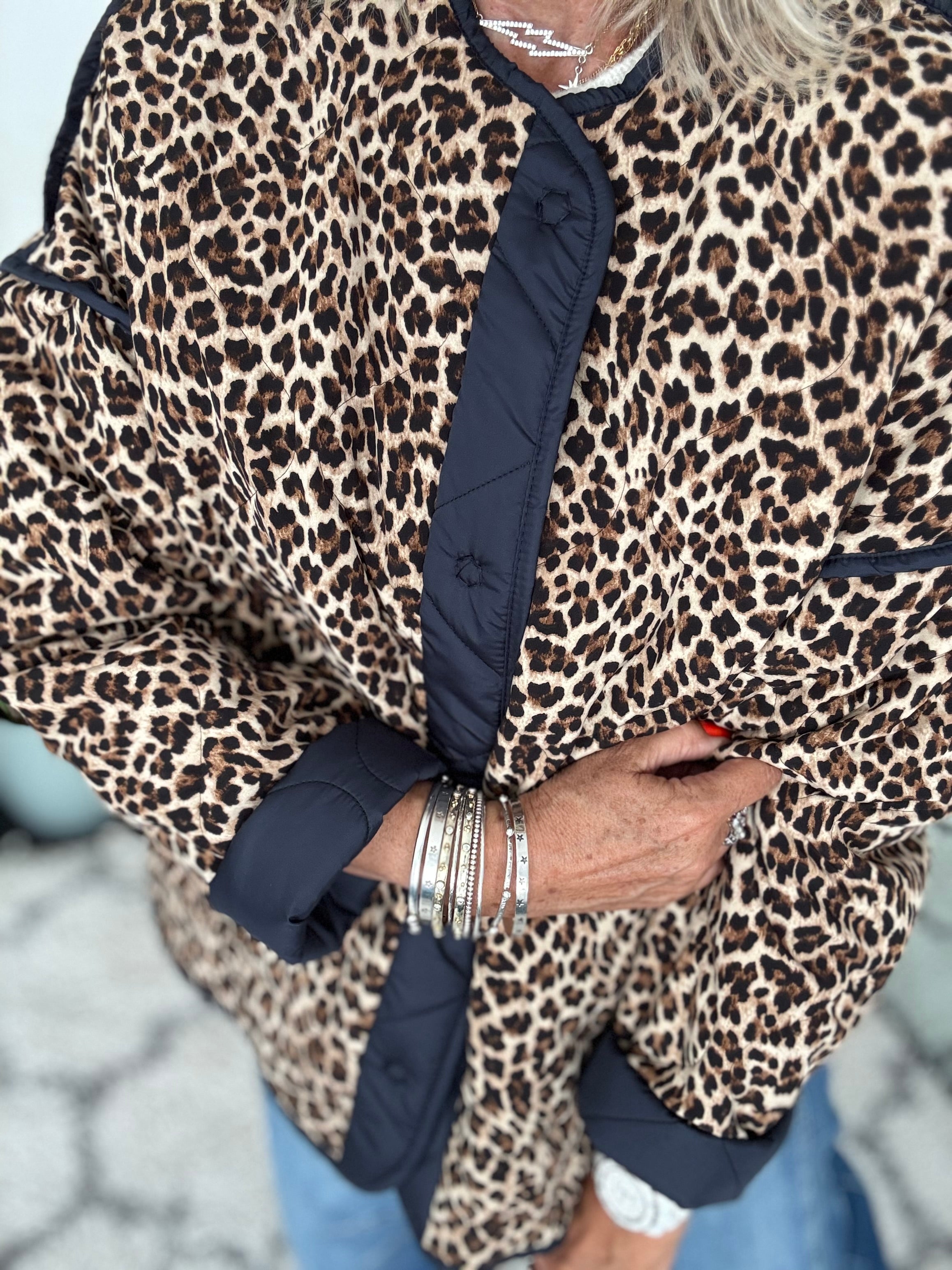 Reversible Quilted Jacket in Navy & Leopard