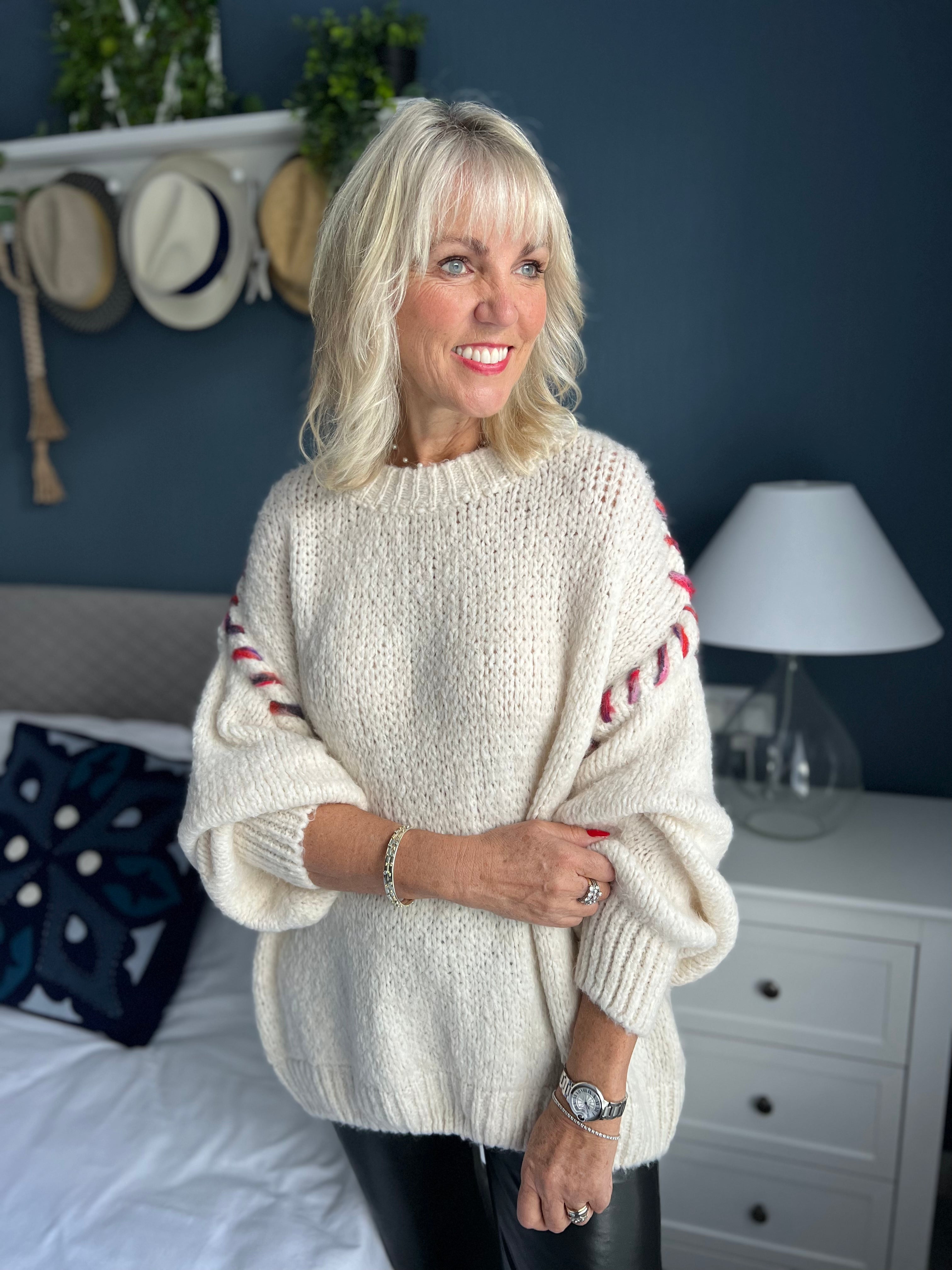 Jumper with Overstitch Detail in Ivory