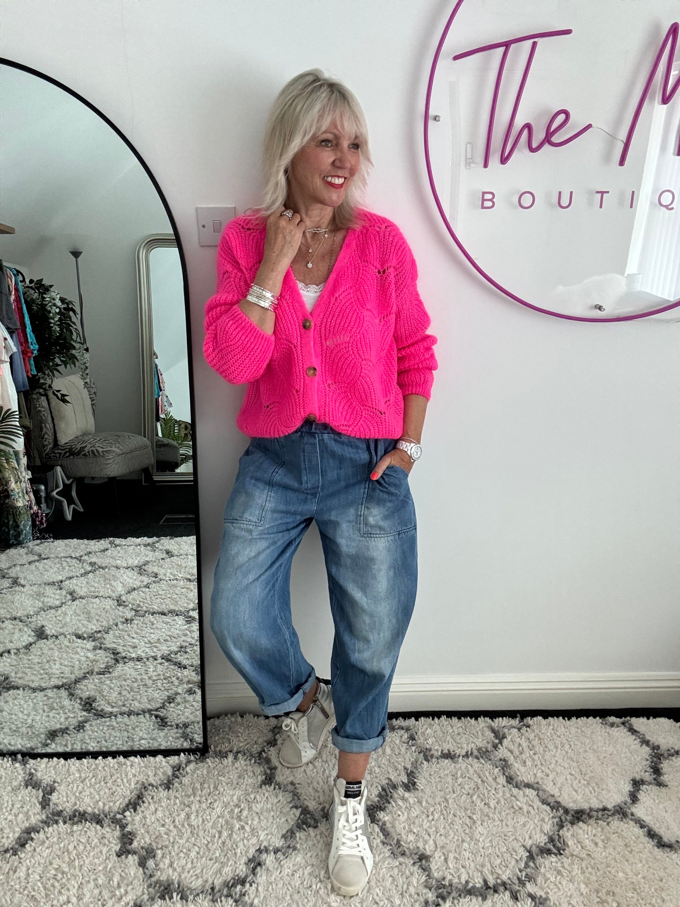 Lace Mohair Cardi in Neon Pink