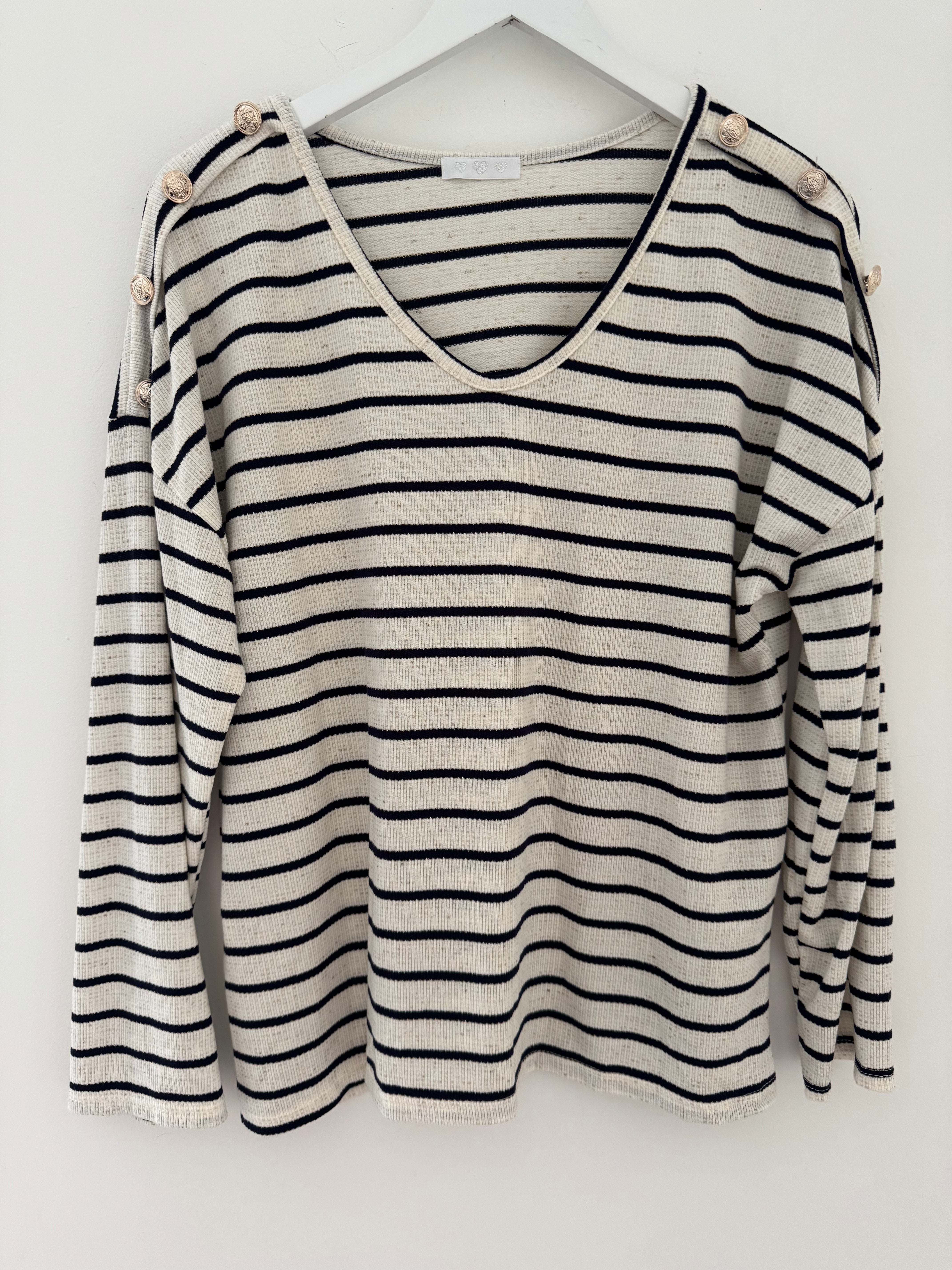 Stripe Knit with Gold Buttons in Ink & Ivory