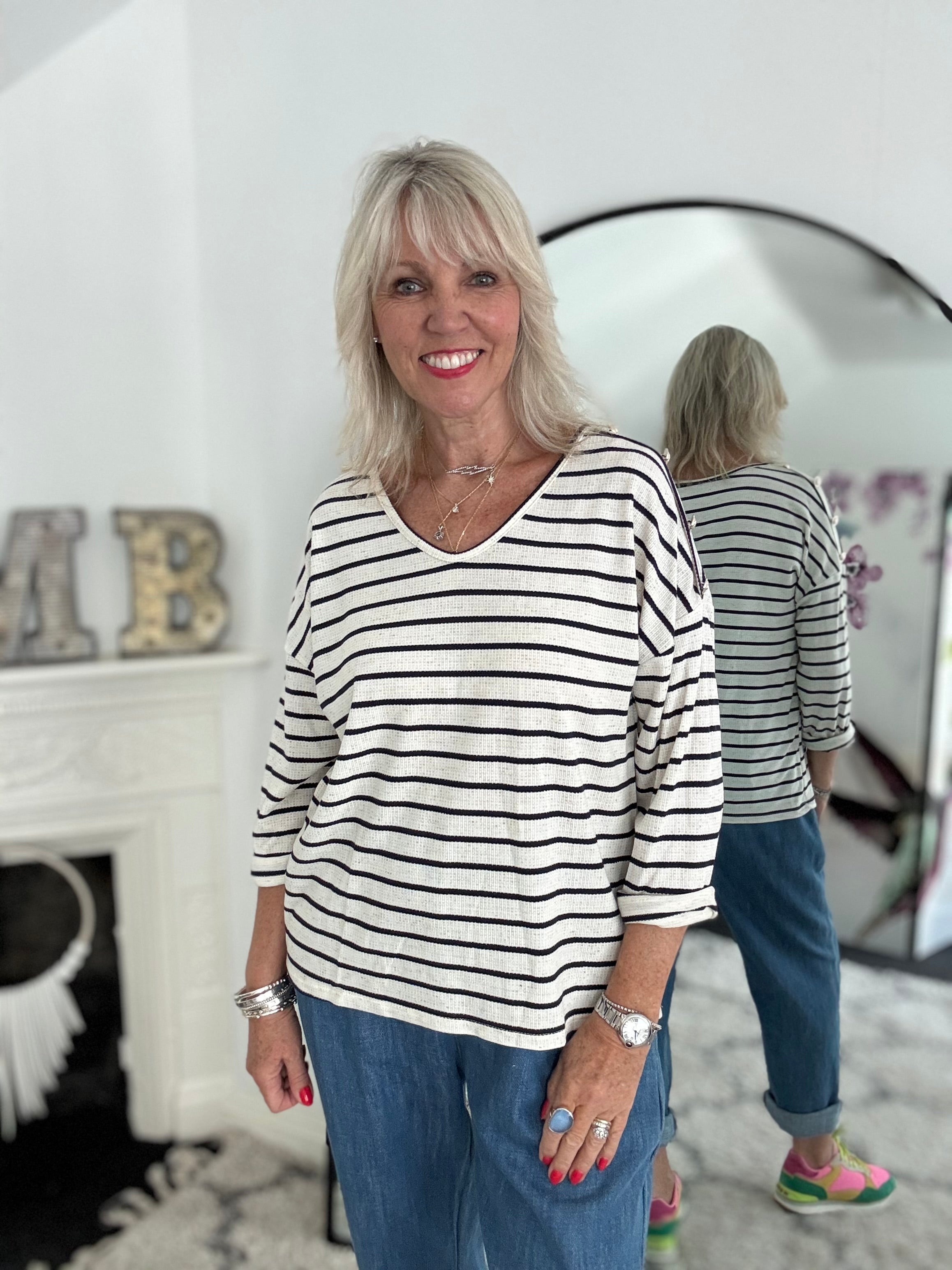 Stripe Knit with Gold Buttons in Ink & Ivory